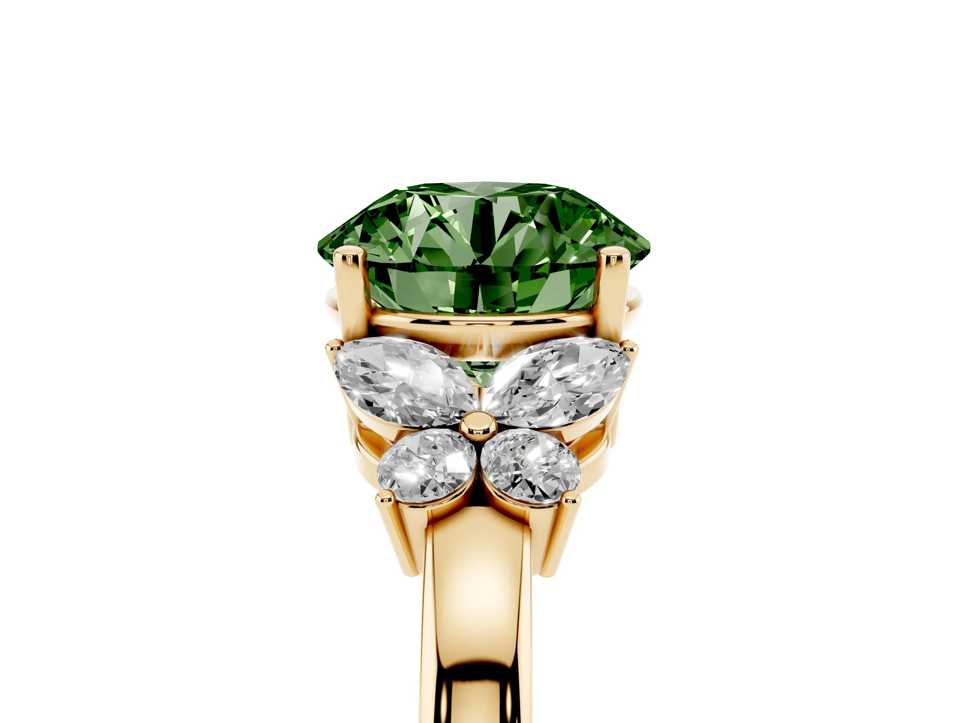 Fancy Green Round Cut Diamond Solitaire Floral Ring Set in Yellow gold with Marquise Petals and Prong Setting