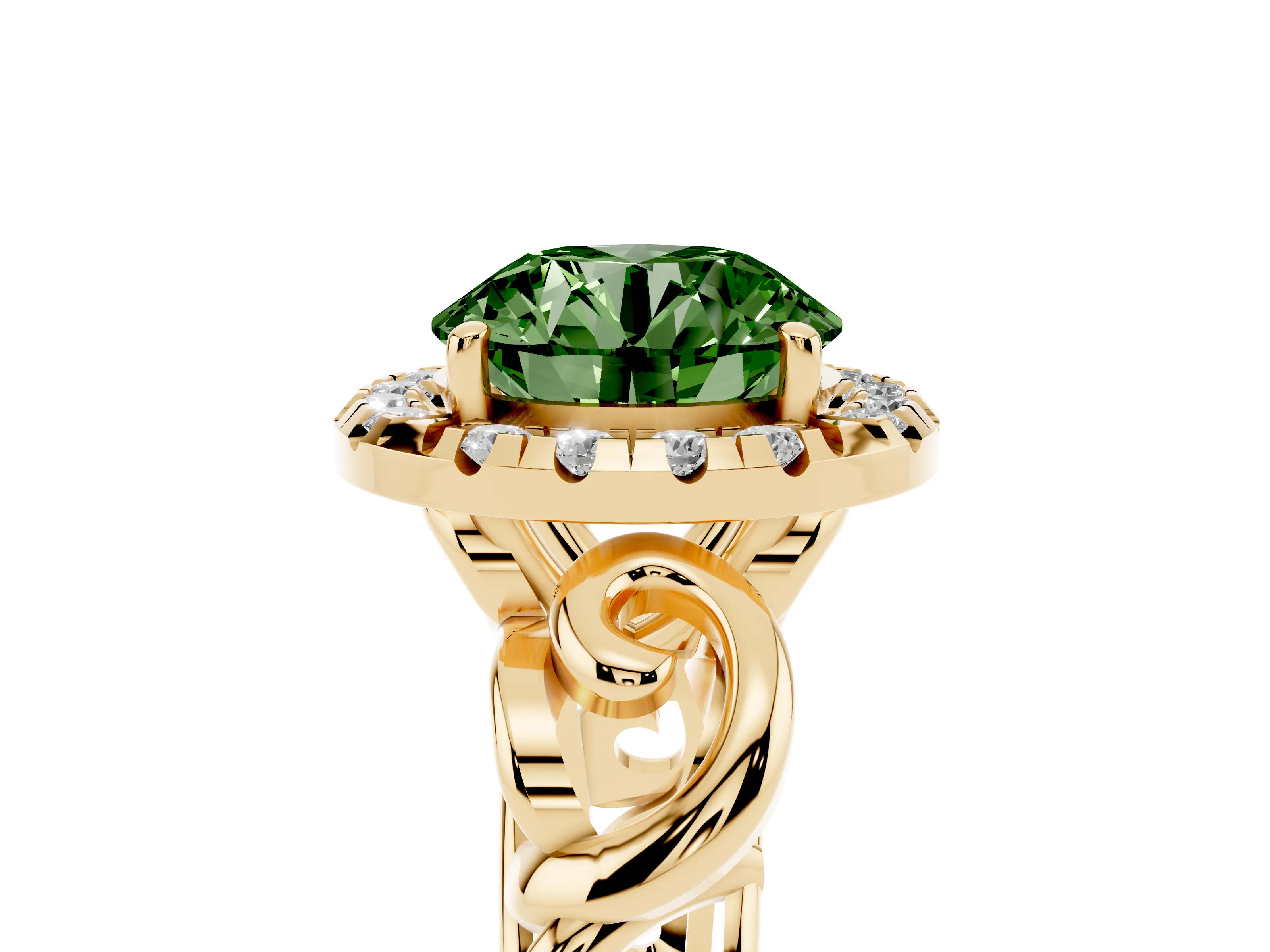 Fancy Green Round Cut Diamond Halo Ring Set in Yellow gold with Scrollwork Band and Prong Setting