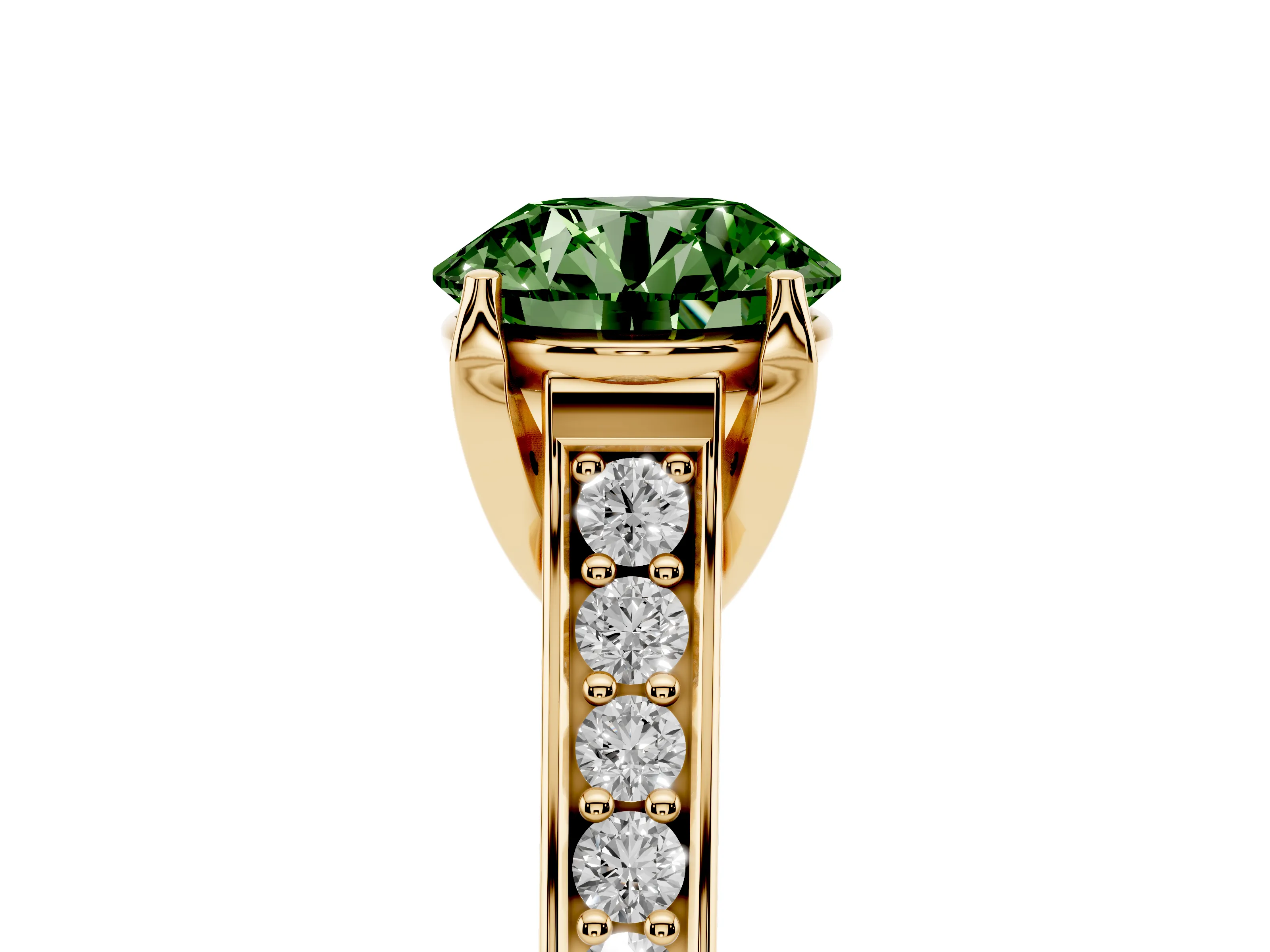 Fancy Green Round Cut Diamond Solitaire Pavé Engagement Ring Set in Yellow gold with Prong Setting