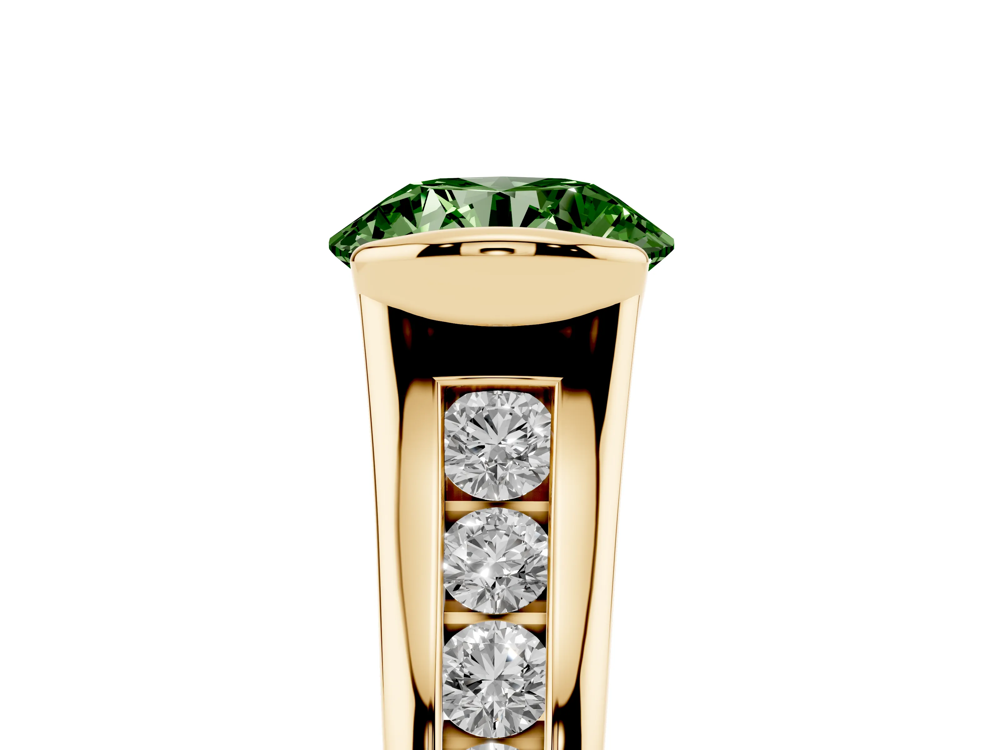 Fancy Green Round Cut Diamond Bezel-Set Solitaire Ring Set in Yellow gold with Channel-Set Band