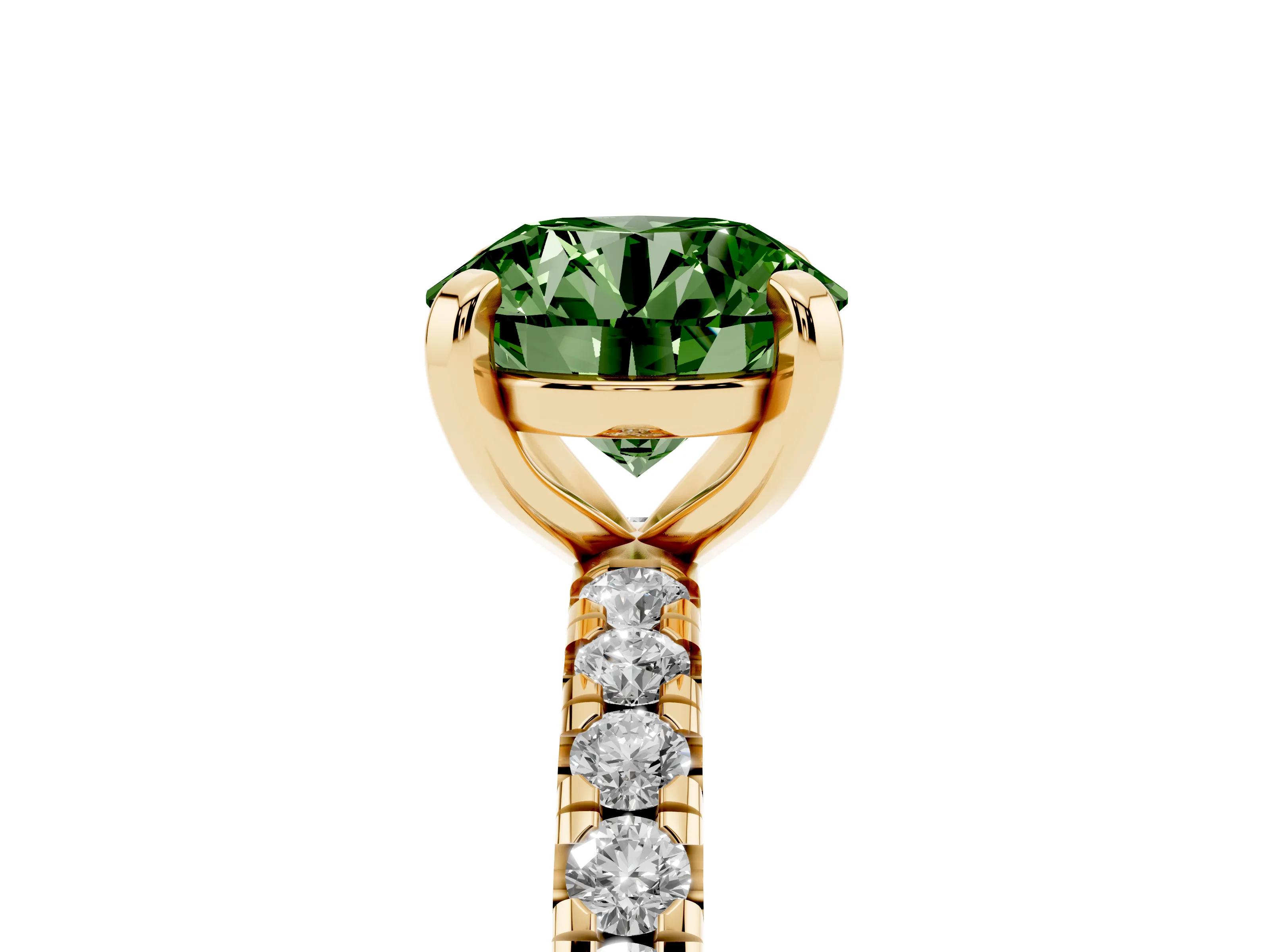 Fancy Green Round Cut Diamond Pavé Solitaire Ring Set in Yellow gold with Round Band and Prong Setting