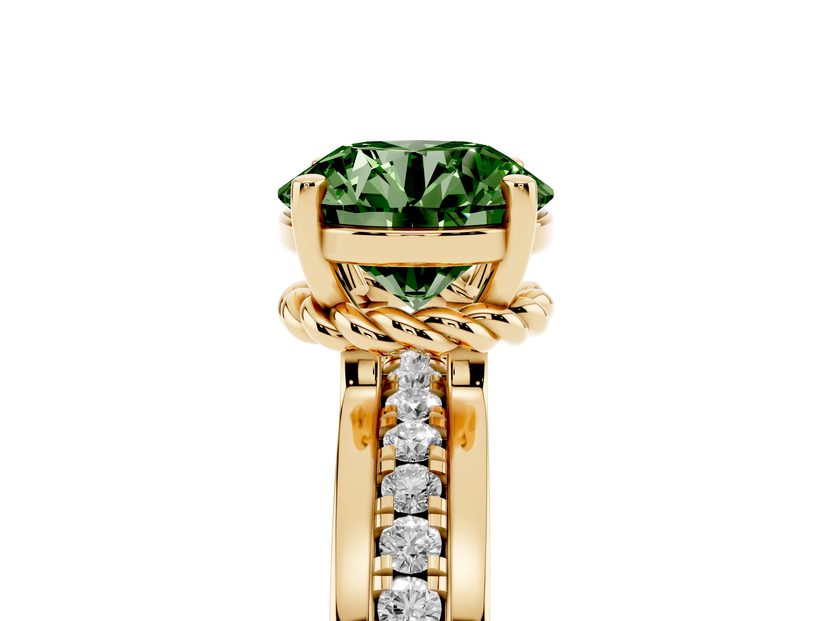 Fancy Green Round Cut Diamond Solitaire Ring Set in Yellow gold with Channel Set Band and Prong Setting