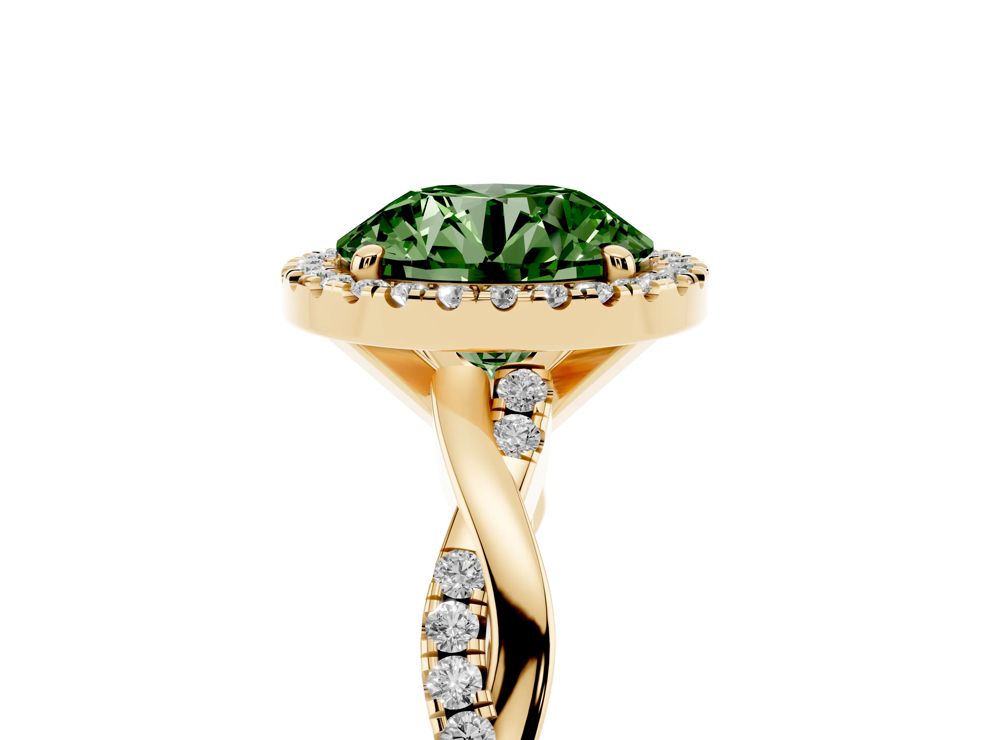 Fancy Green Round Cut Diamond Halo Twisted Band Ring Set in Yellow gold with Prong Setting