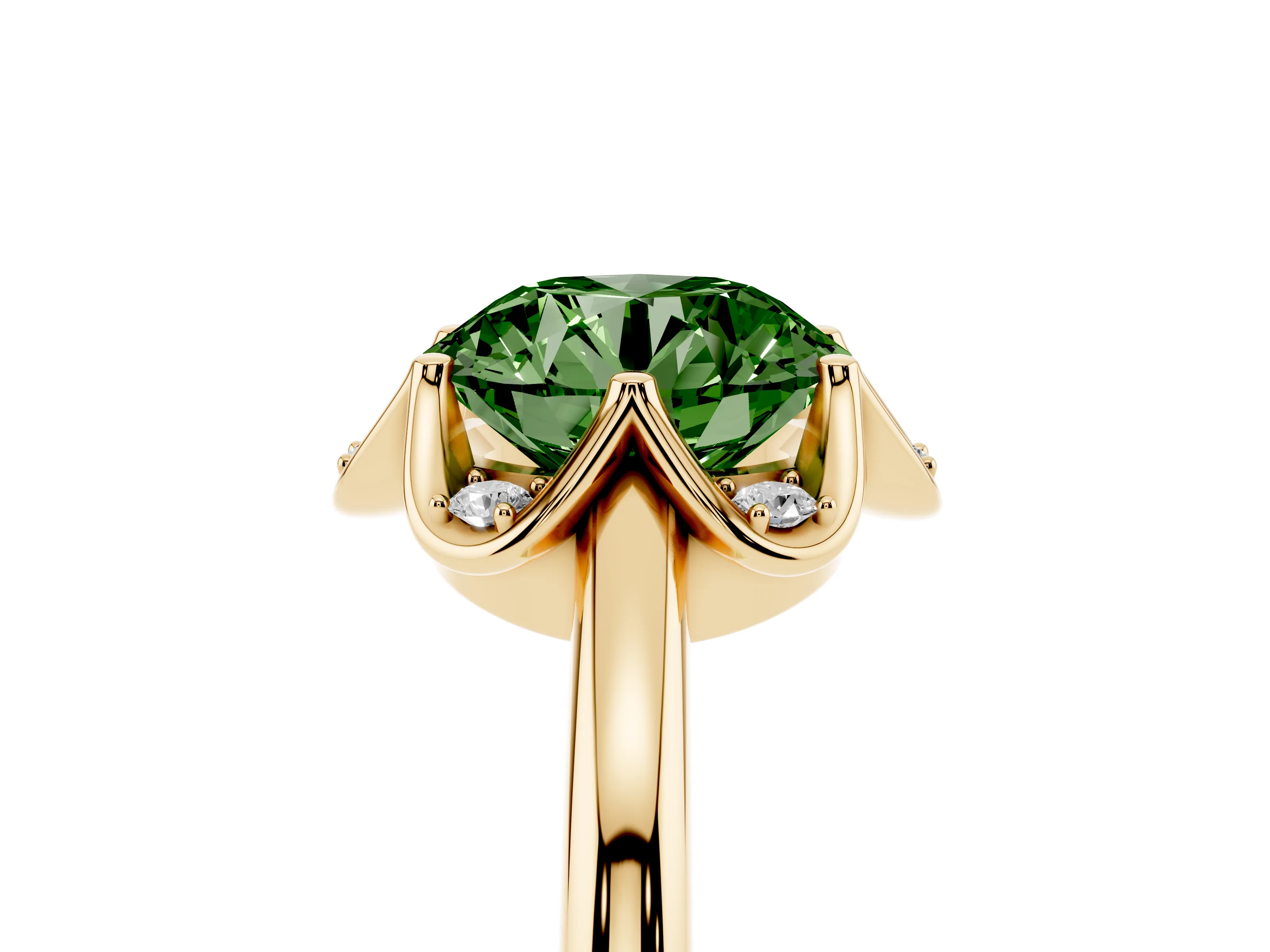 Fancy Green Round Cut Diamond Round Cluster Halo Ring Set in Yellow gold with Solitaire Band and Prong Setting