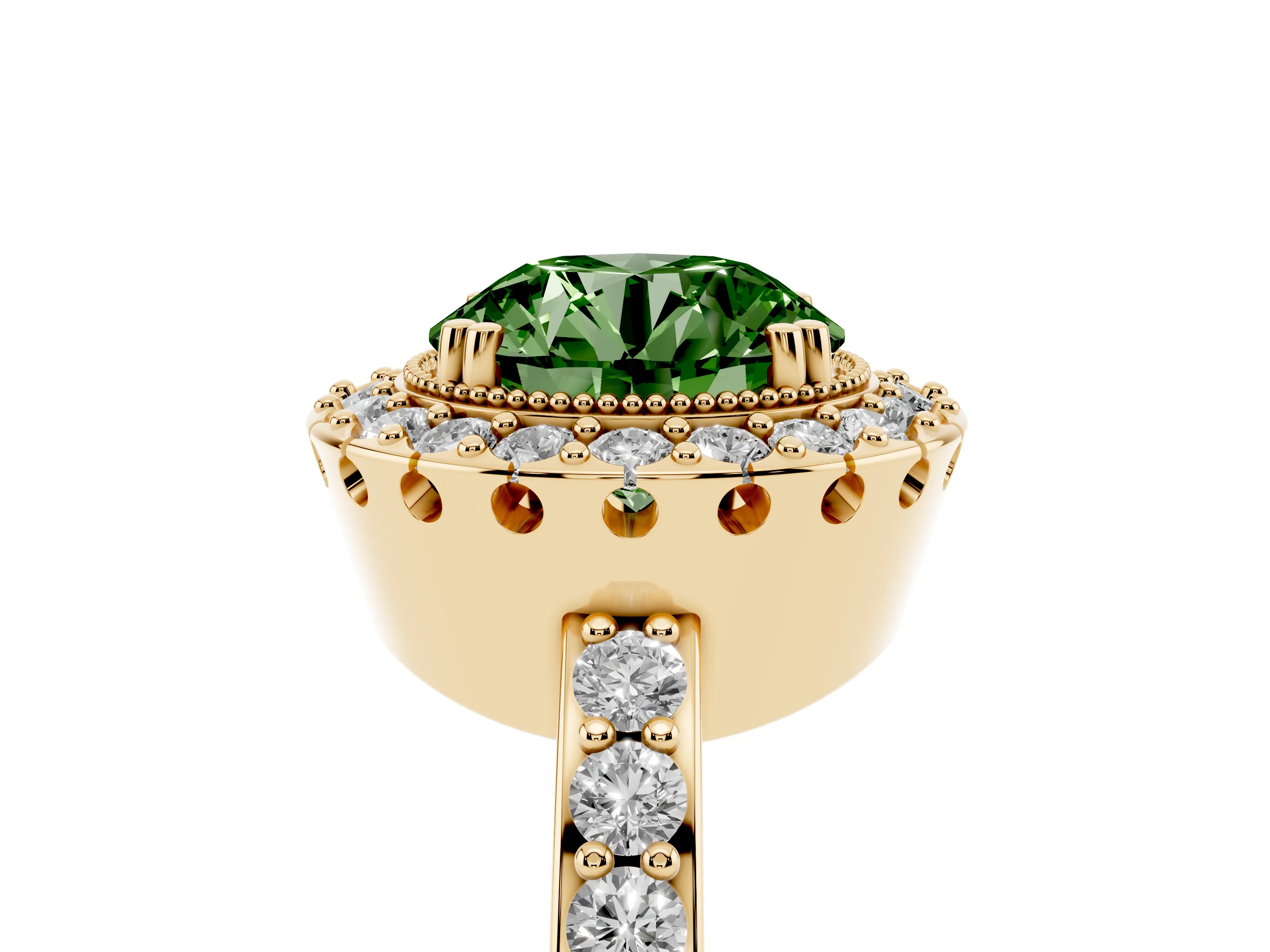 Fancy Green Round Cut Diamond Halo Ring Set in Yellow gold with Pavé Shank and Prong Setting