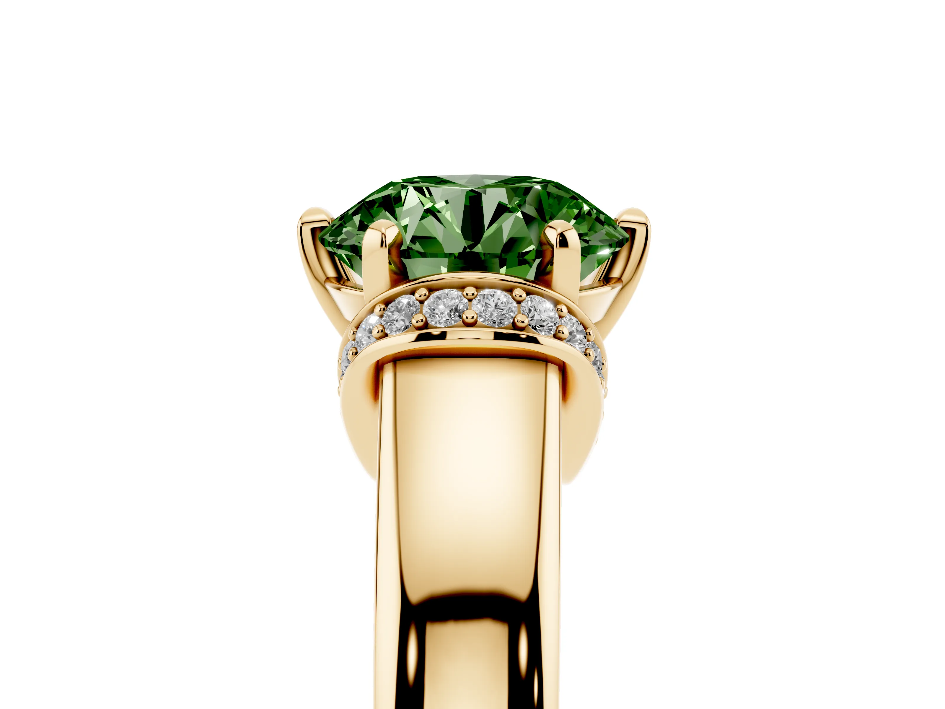 Fancy Green Round Cut Diamond Pavé Band Solitaire Ring Set in Yellow gold with Prong Setting