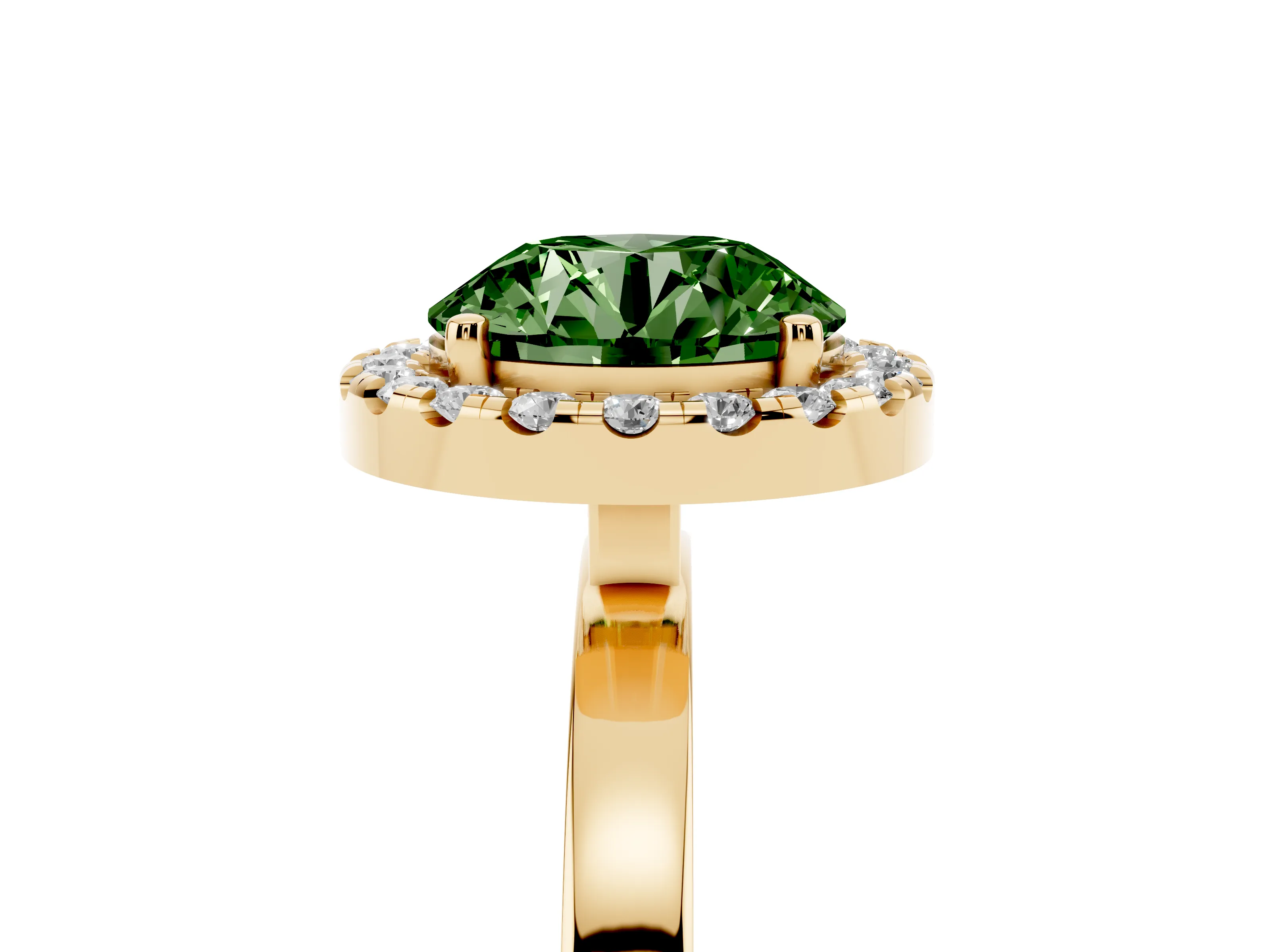 Fancy Green Round Cut Diamond Halo Solitaire Ring Set in Yellow gold with Pavé Band and Prong Setting