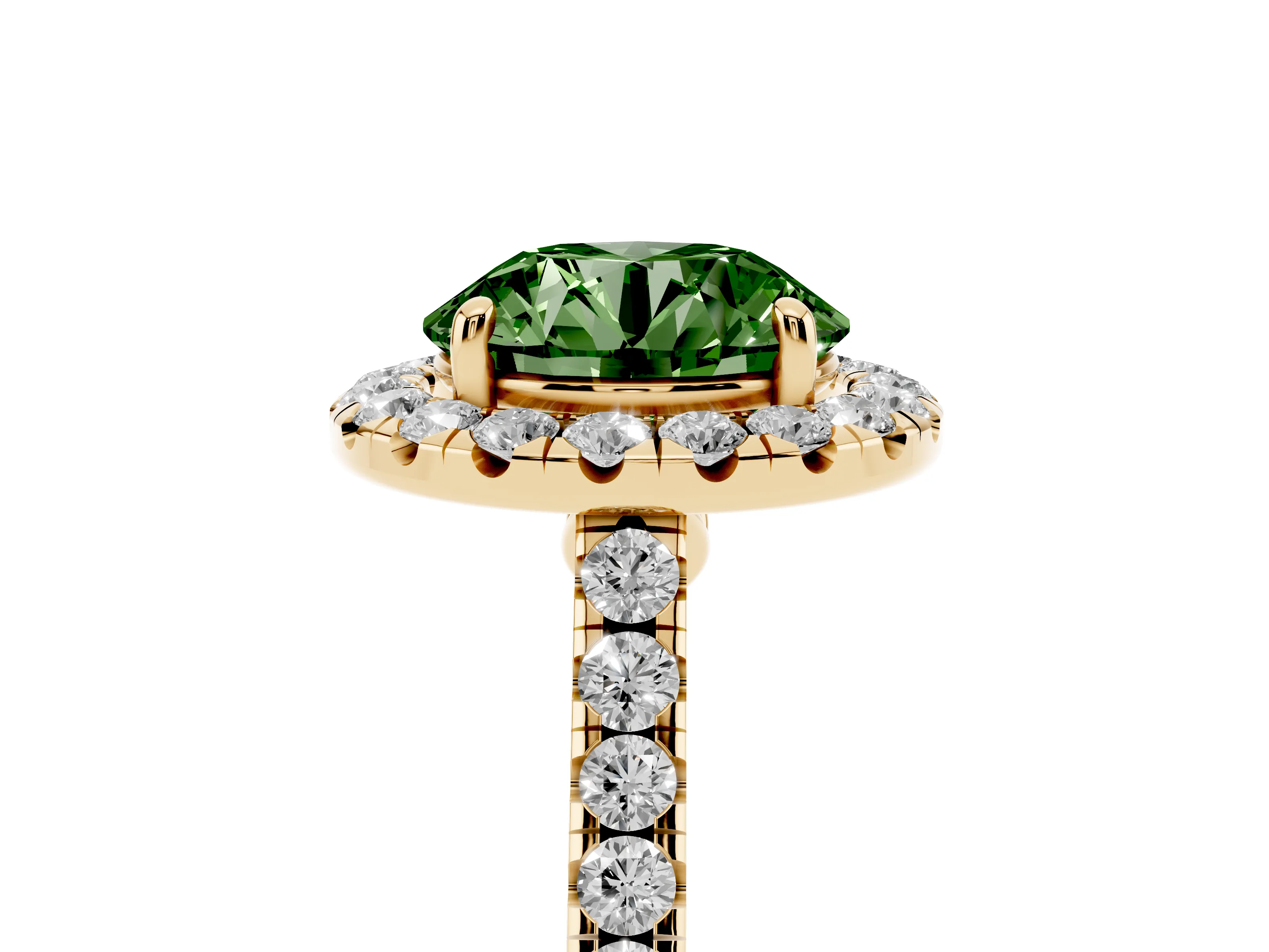 Fancy Green Round Cut Diamond Halo Pavé Engagement Ring Set in Yellow gold with Prong Setting