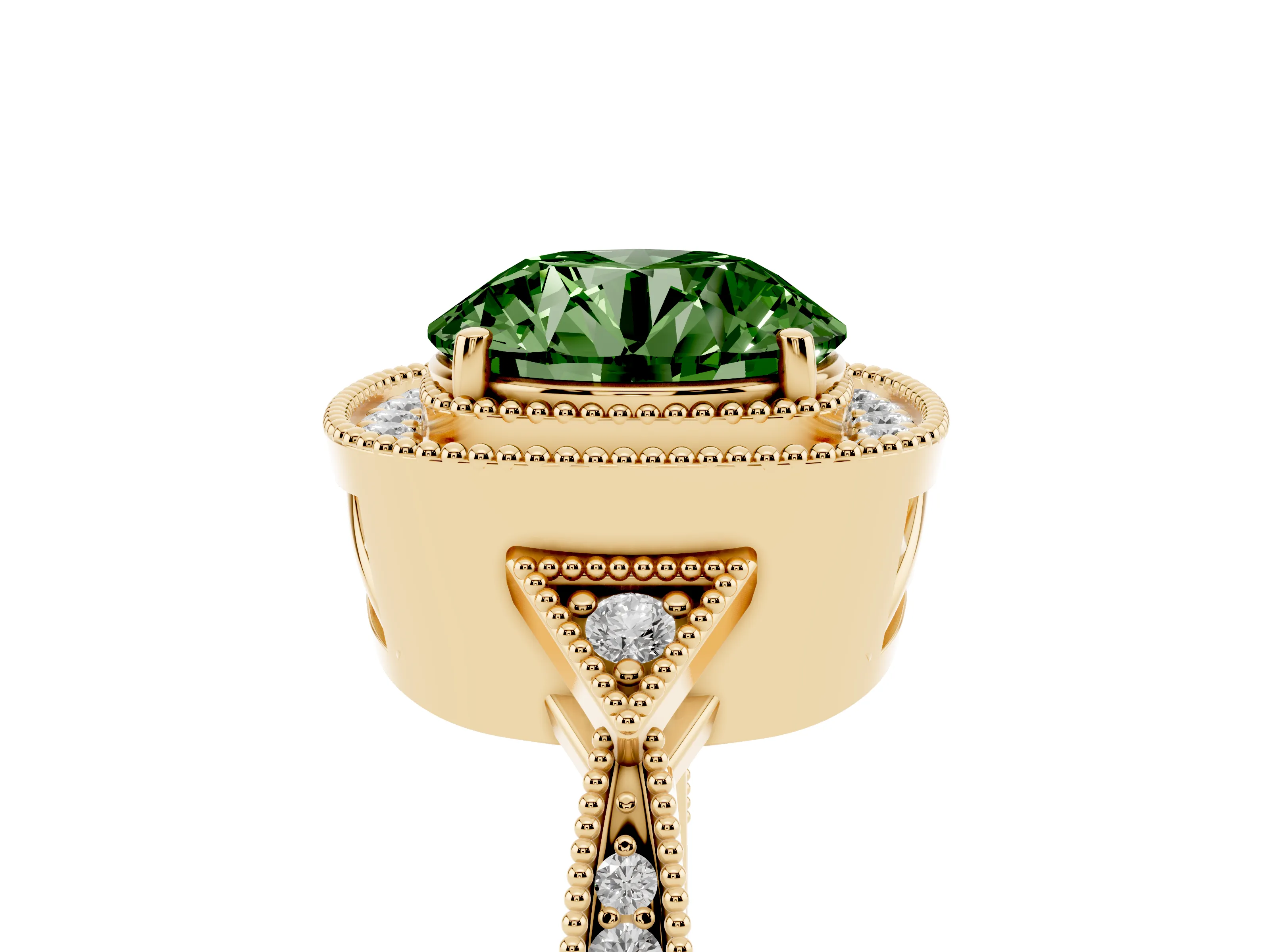 Fancy Green Round Cut Diamond Halo Engagement Ring Set in Yellow gold with Milgrain Pavé Band