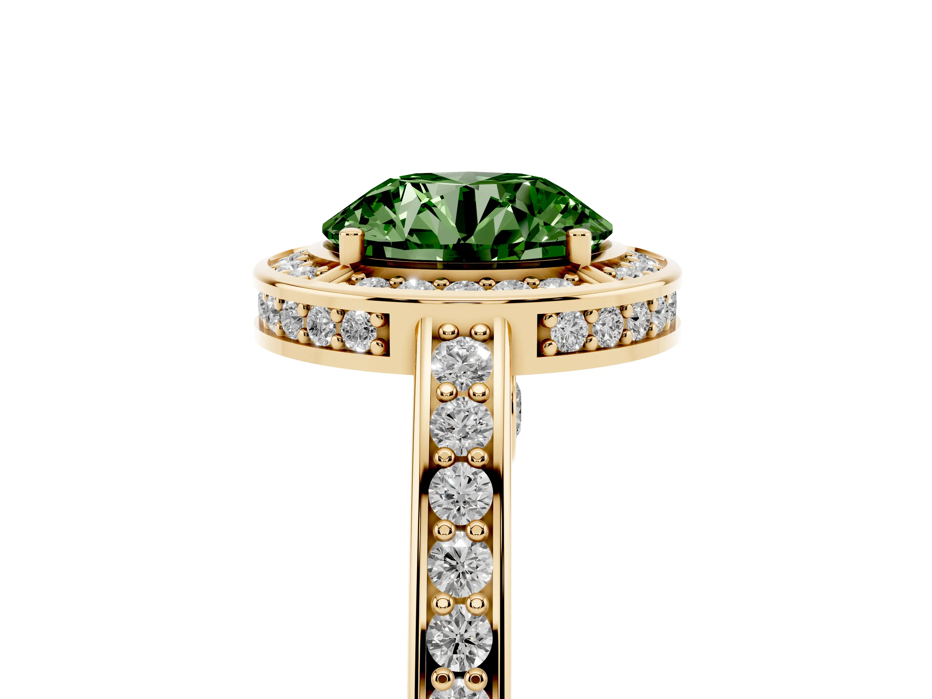 Fancy Green Round Cut Diamond Halo Pavé Split Shank Ring Set in Yellow gold with Prong Setting