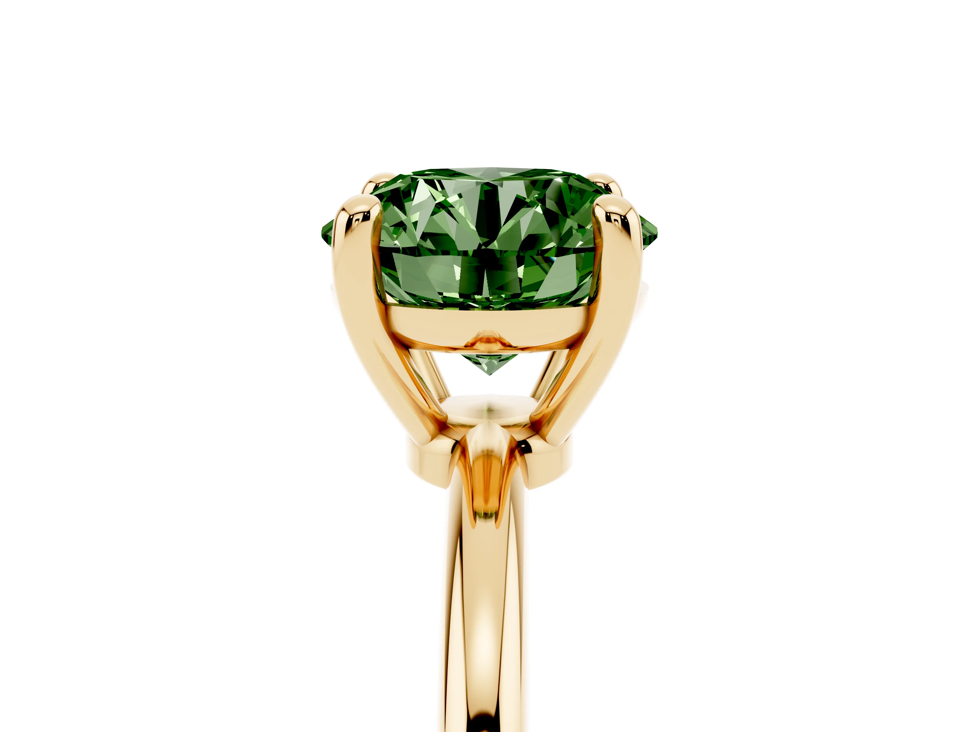 Fancy Green Round Cut Diamond Solitaire Ring Set in Yellow gold with Secure Prong Setting on a Classic Band