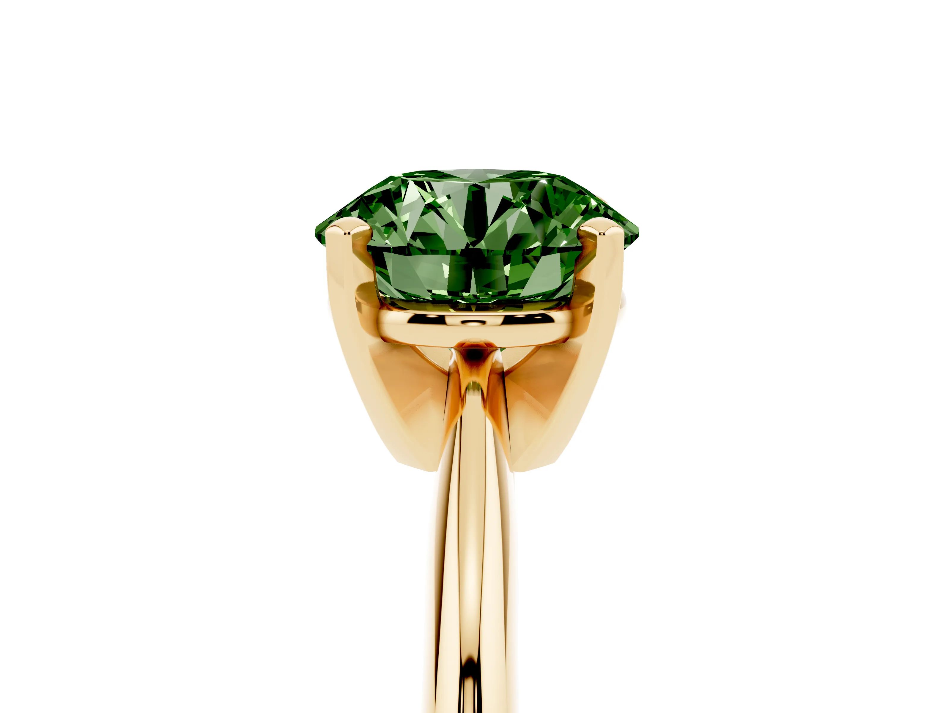 Fancy Green Round Cut Diamond Solitaire Ring Set in Yellow gold with Prong Setting on a Plain Round Band