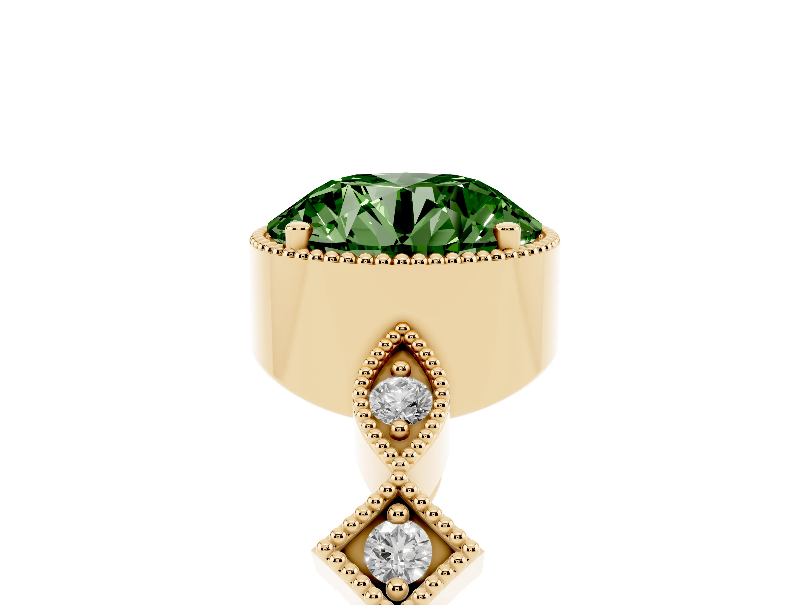 Fancy Green Round Cut Diamond Milgrain Marquise Twist Band Ring Set in Yellow gold with Prong Setting