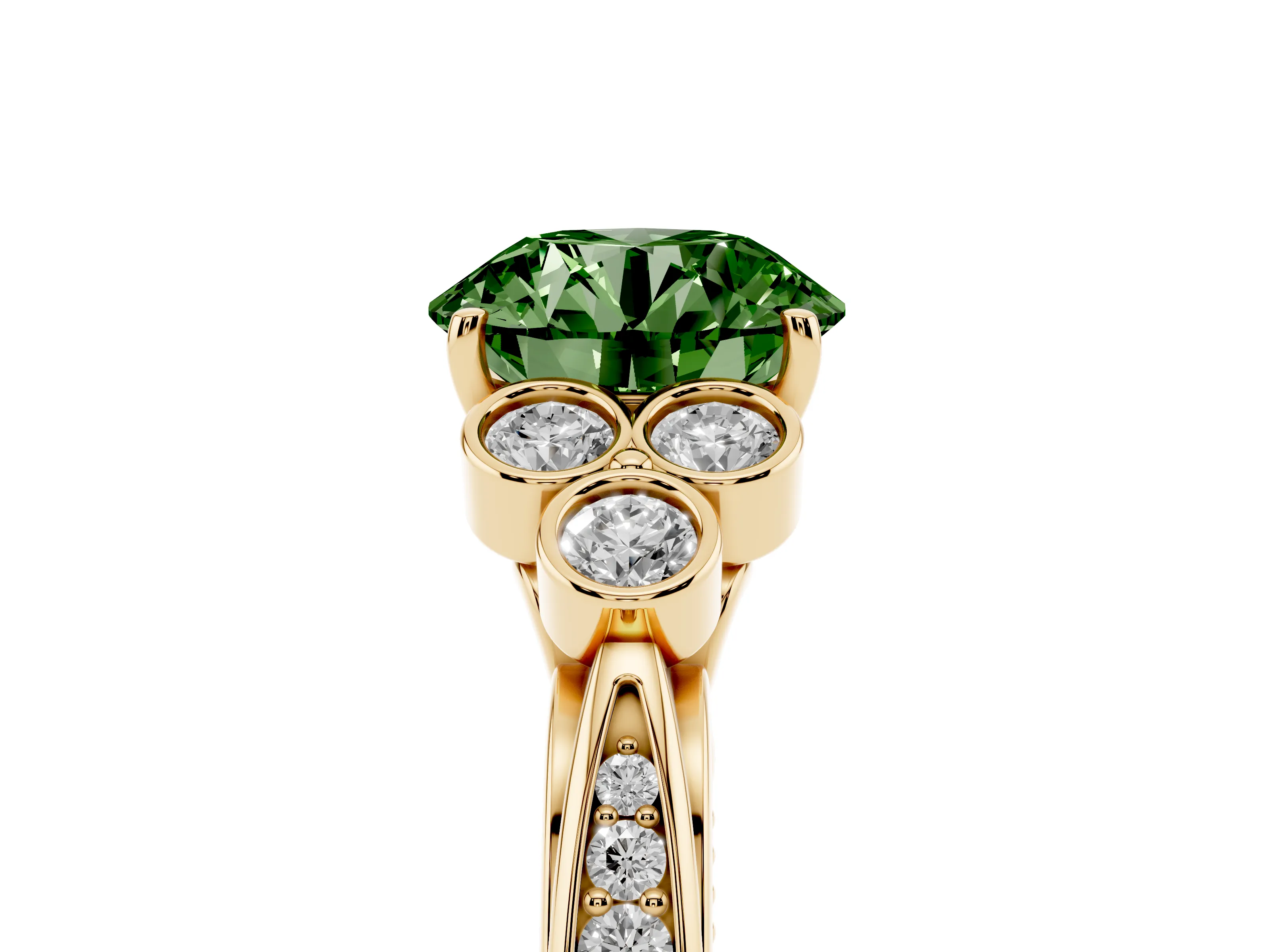 Fancy Green Round Cut Diamond Engagement Ring Set in Yellow gold with Bezel Set Round Side Stones and Prong Setting