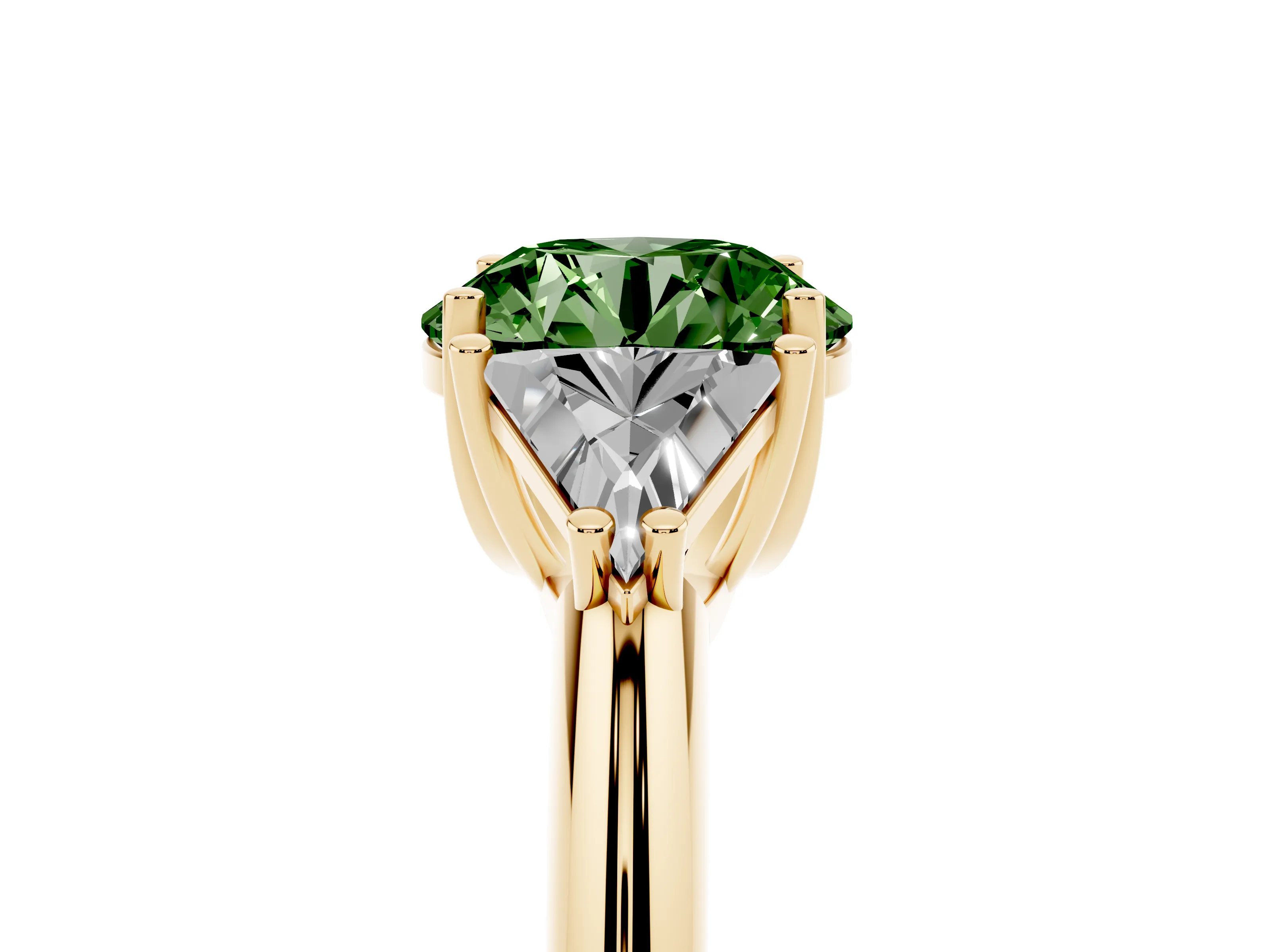 Fancy Green Round Cut Diamond Three-Stone Engagement Ring Set in Yellow gold with Trillion Side Stones