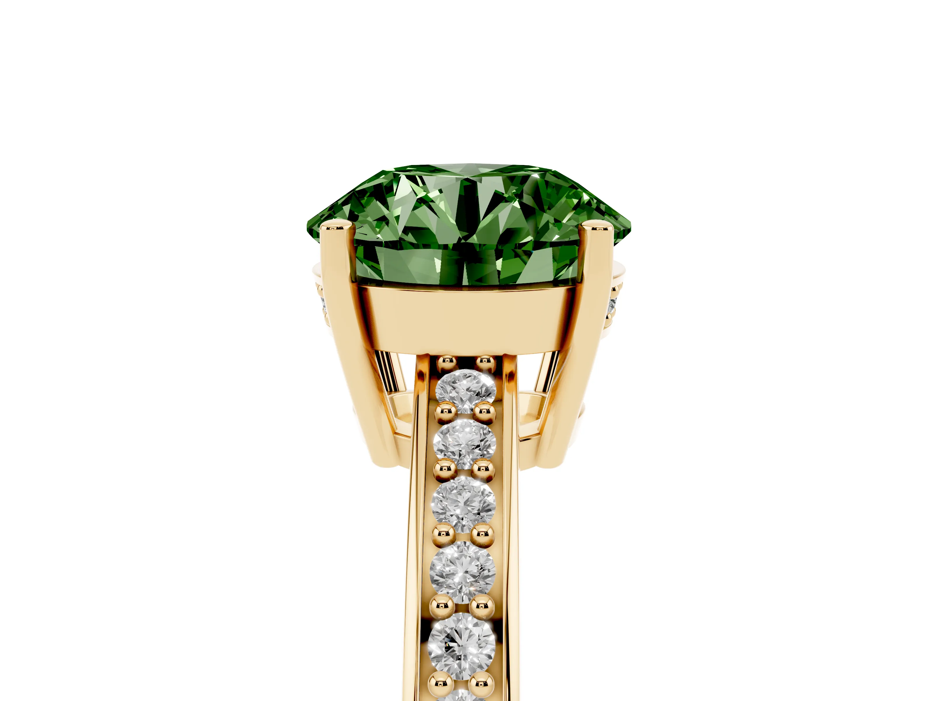 Fancy Green Round Cut Diamond Pavé Band Prong Set Solitaire Ring Set in Yellow gold