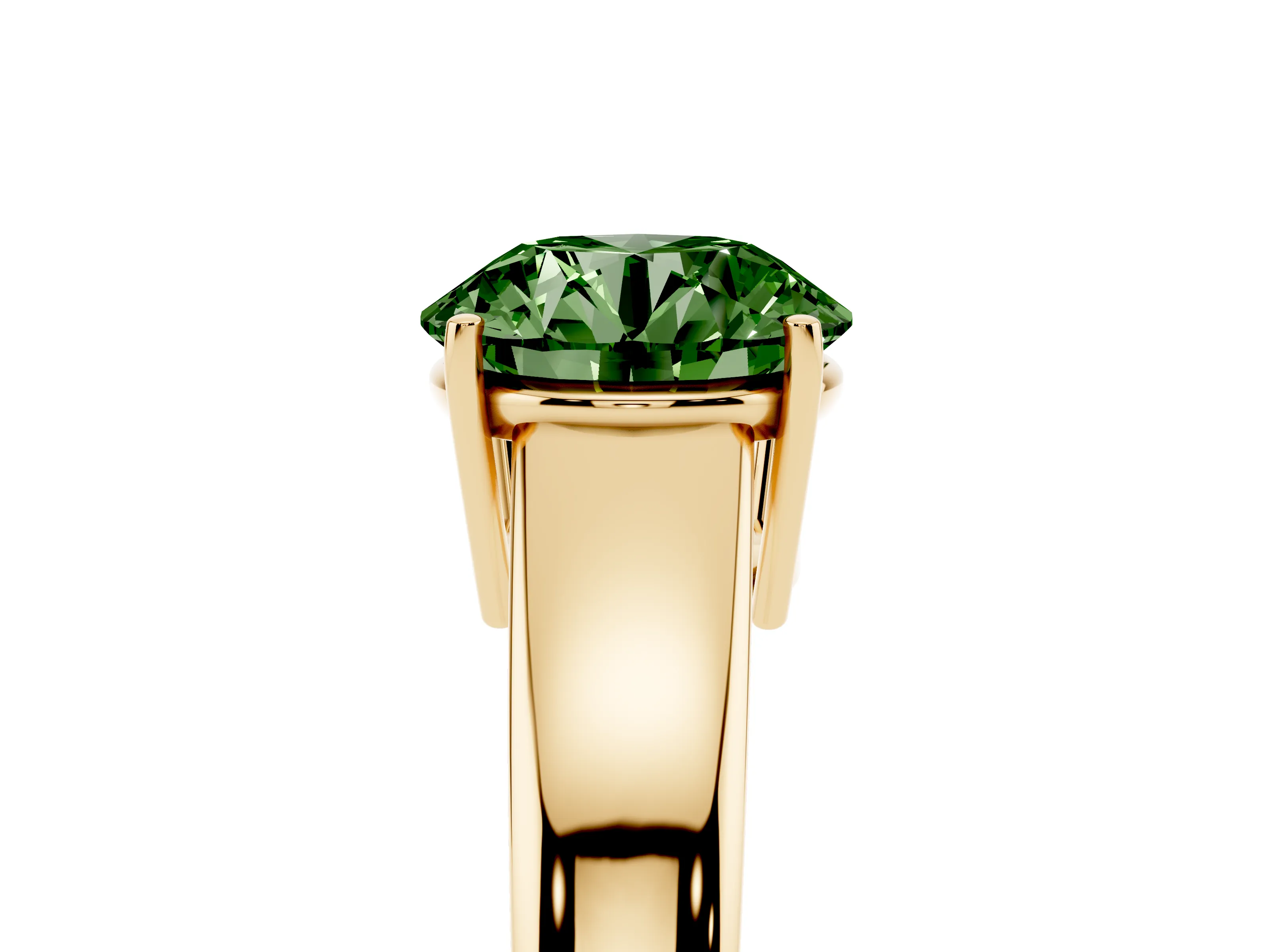Fancy Green Round Cut Diamond Solitaire Ring Set in Yellow gold with Tapered Band and Prong Setting