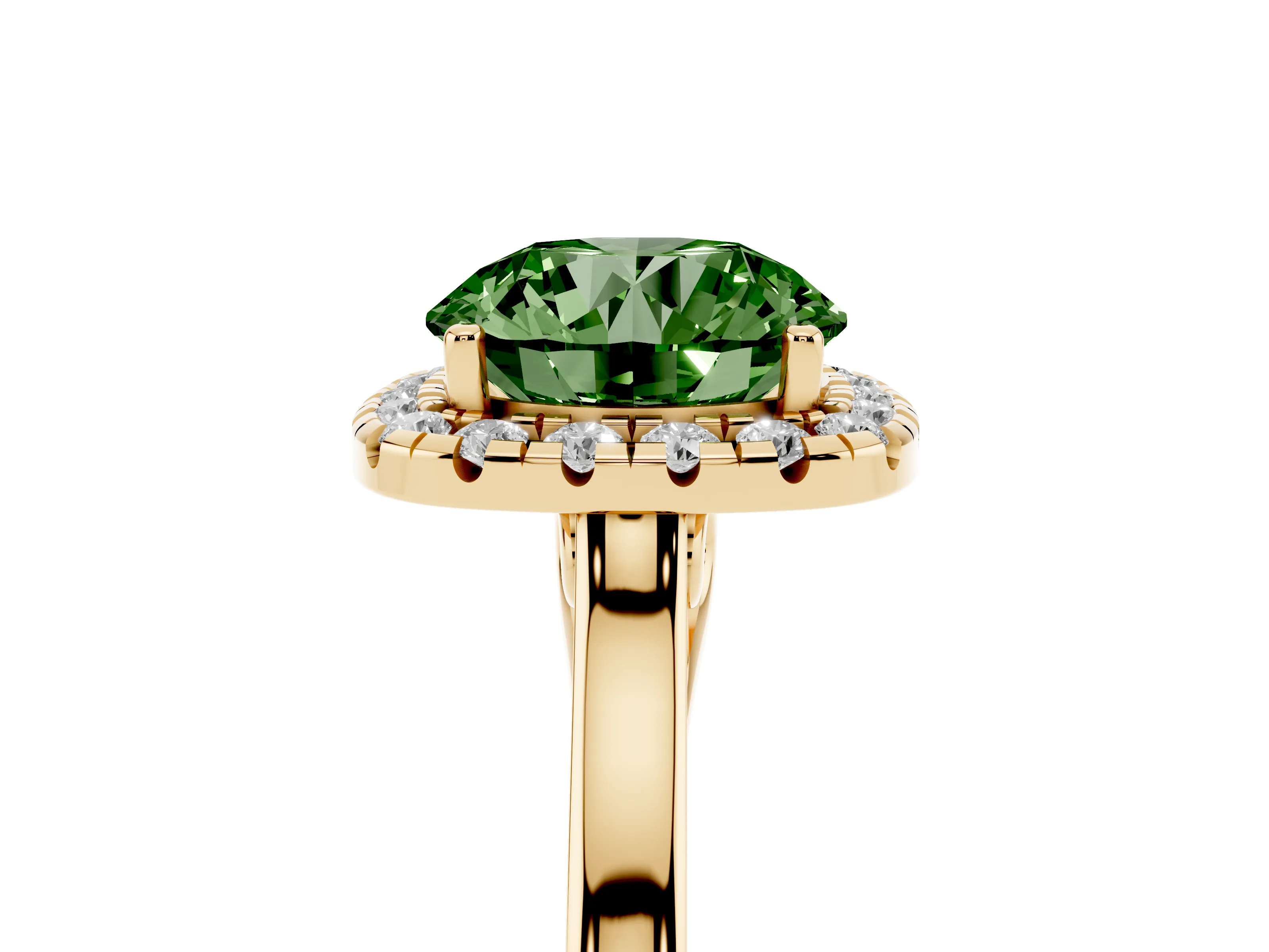Fancy Green Round Cut Halo Round Diamond Solitaire Ring Set in Yellow gold with Pavé Band and Prong Setting