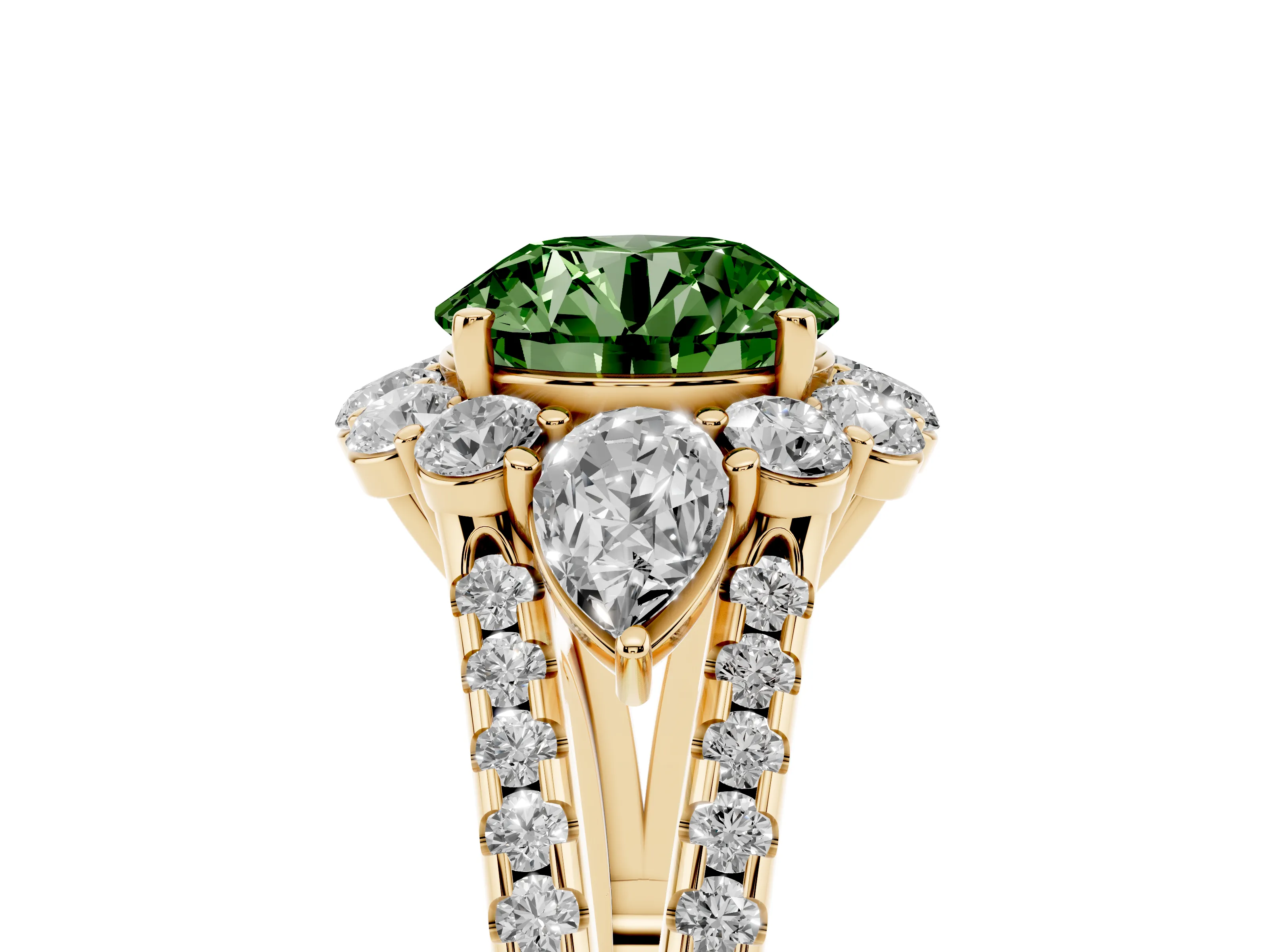 Fancy Green Round Cut Diamond Halo Split Shank Engagement Ring Set in Yellow gold with Prong-Held Center Stone