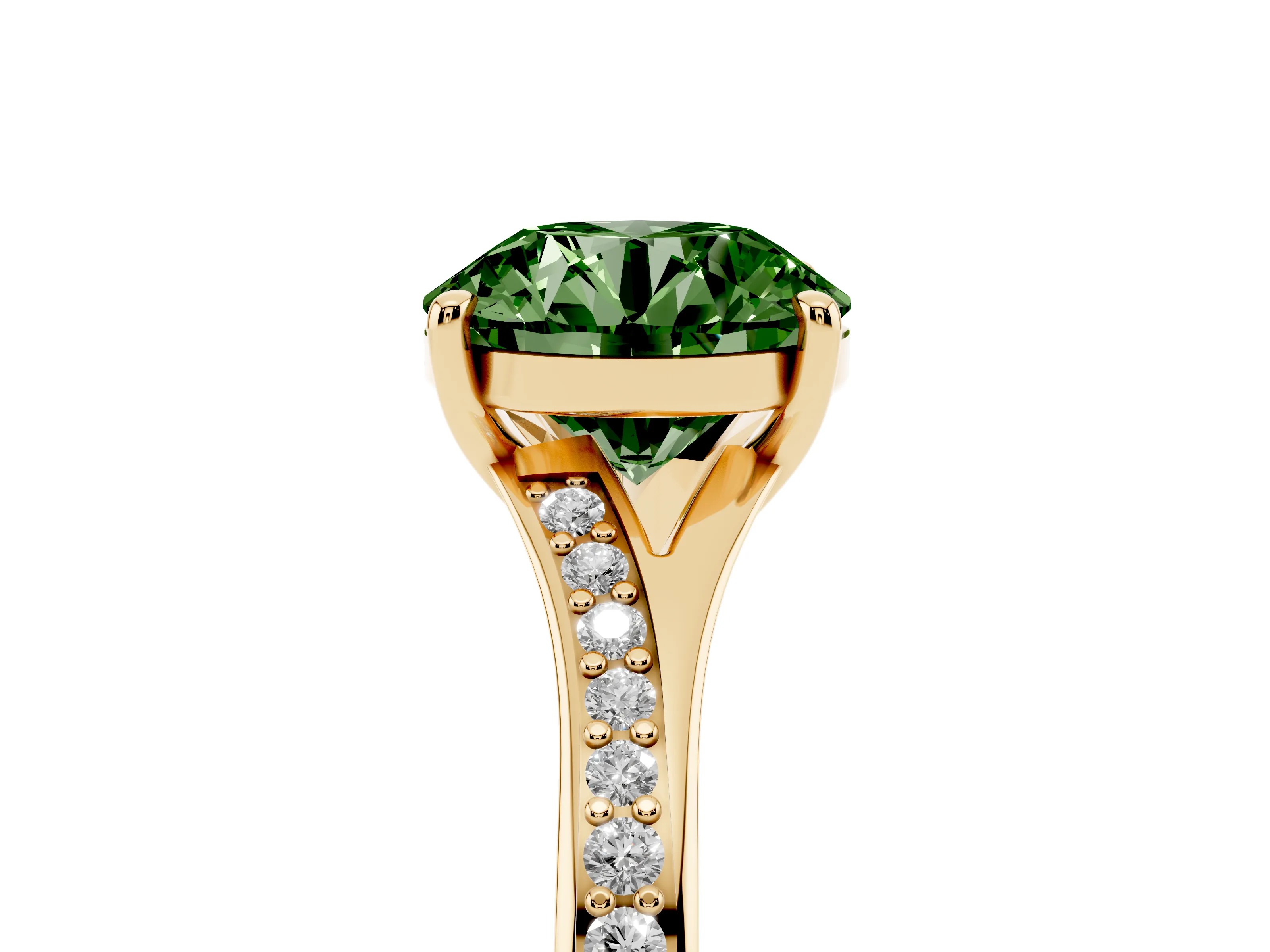 Fancy Green Round Cut Diamond Solitaire Ring Set in Yellow gold with Pavé Accent Band and Classic Prong Setting