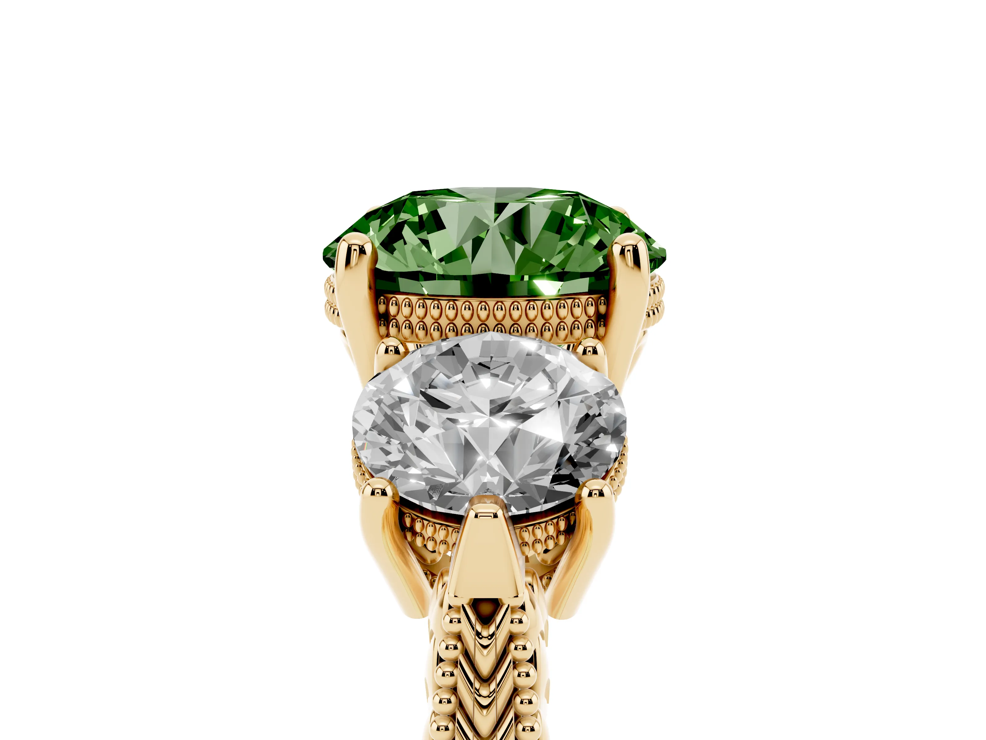 Fancy Green Round Cut Diamond Three-Stone Ring Set in Yellow gold with Milgrain Band