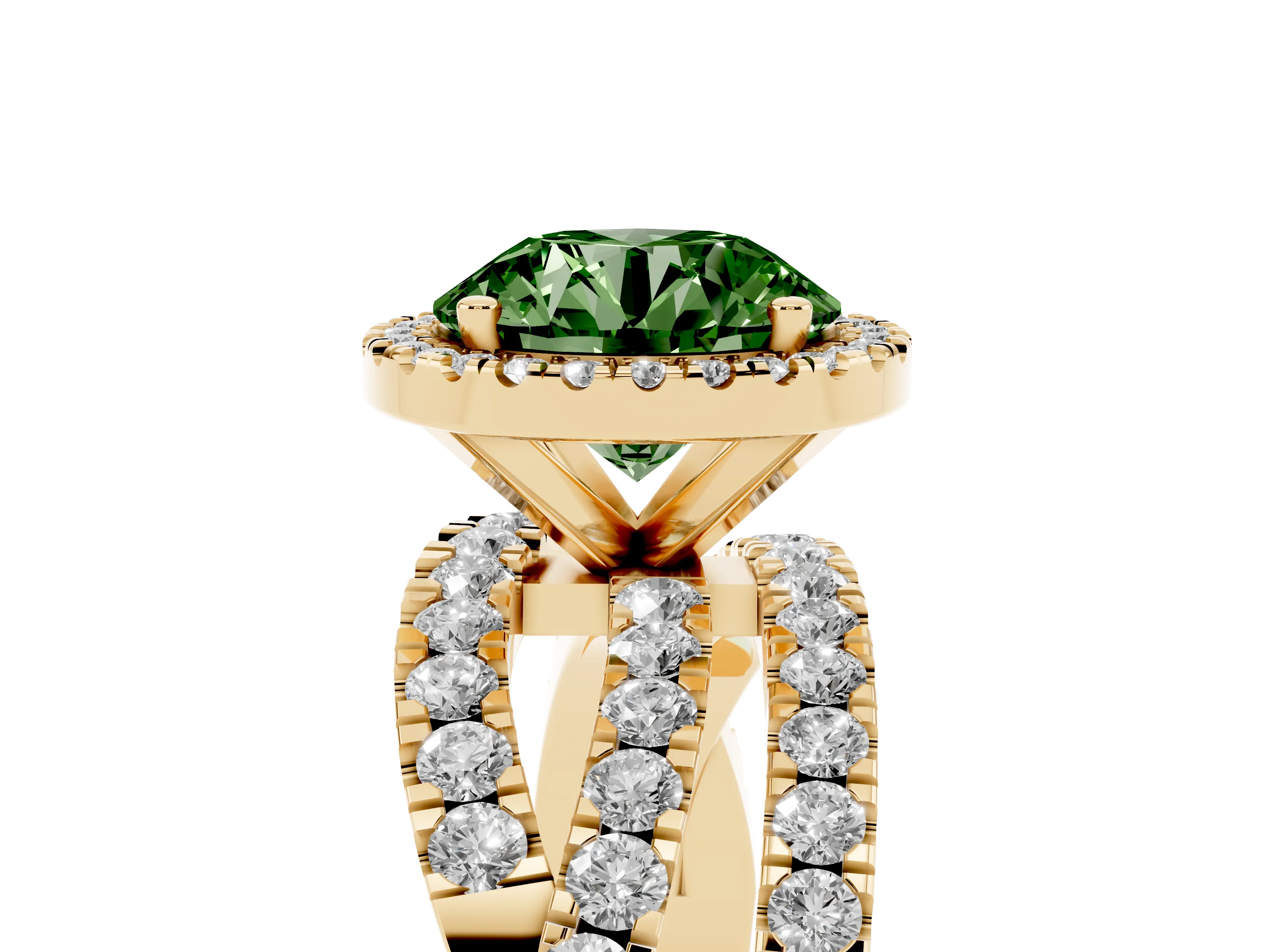 Fancy Green Round Cut Diamond Halo Ring Set in Yellow gold with Round Crossover Split Shank and Prong Setting