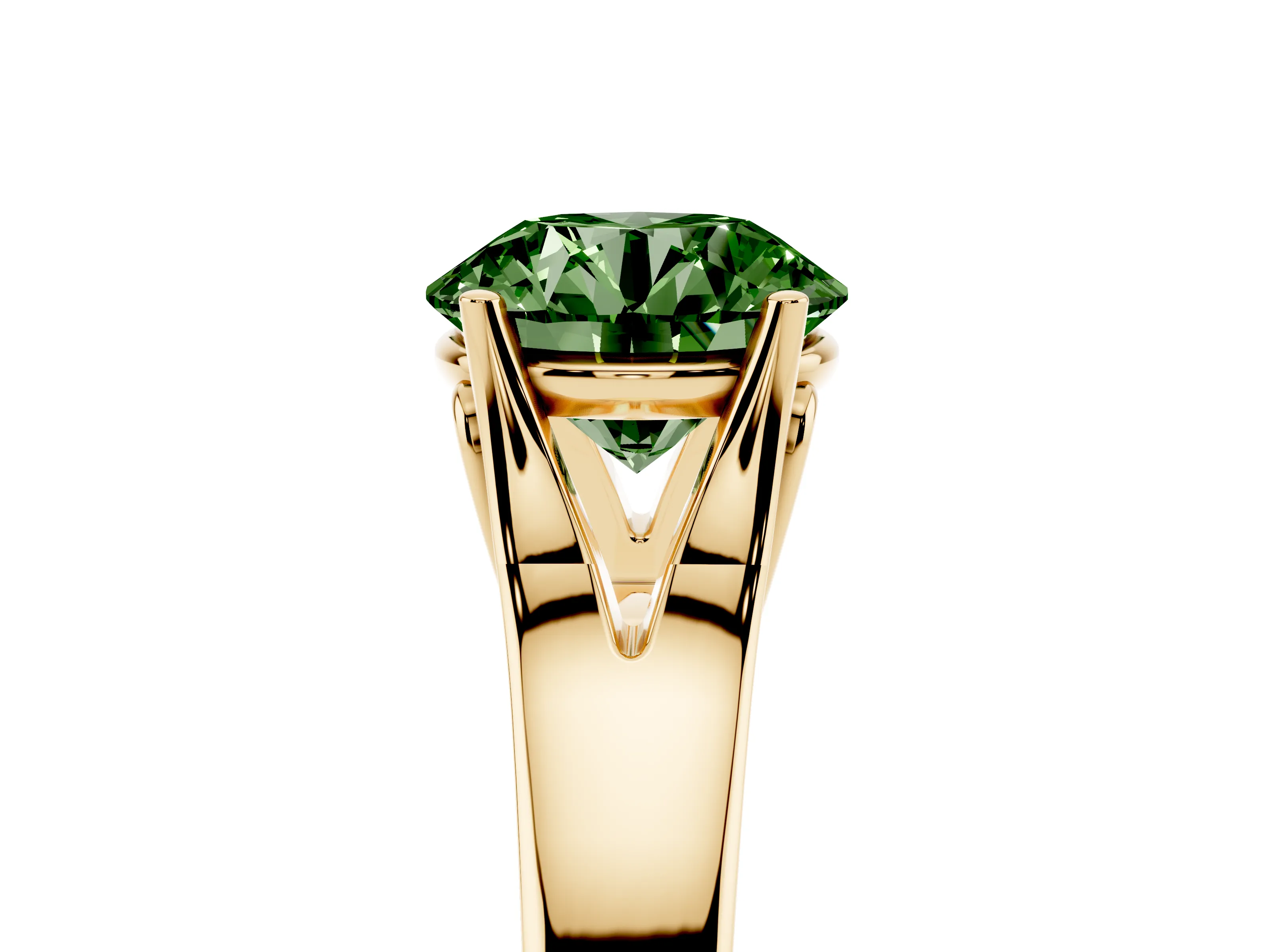 Fancy Green Round Cut Diamond Solitaire Ring Set in Yellow gold with Arched Cathedral Band and Prong Setting