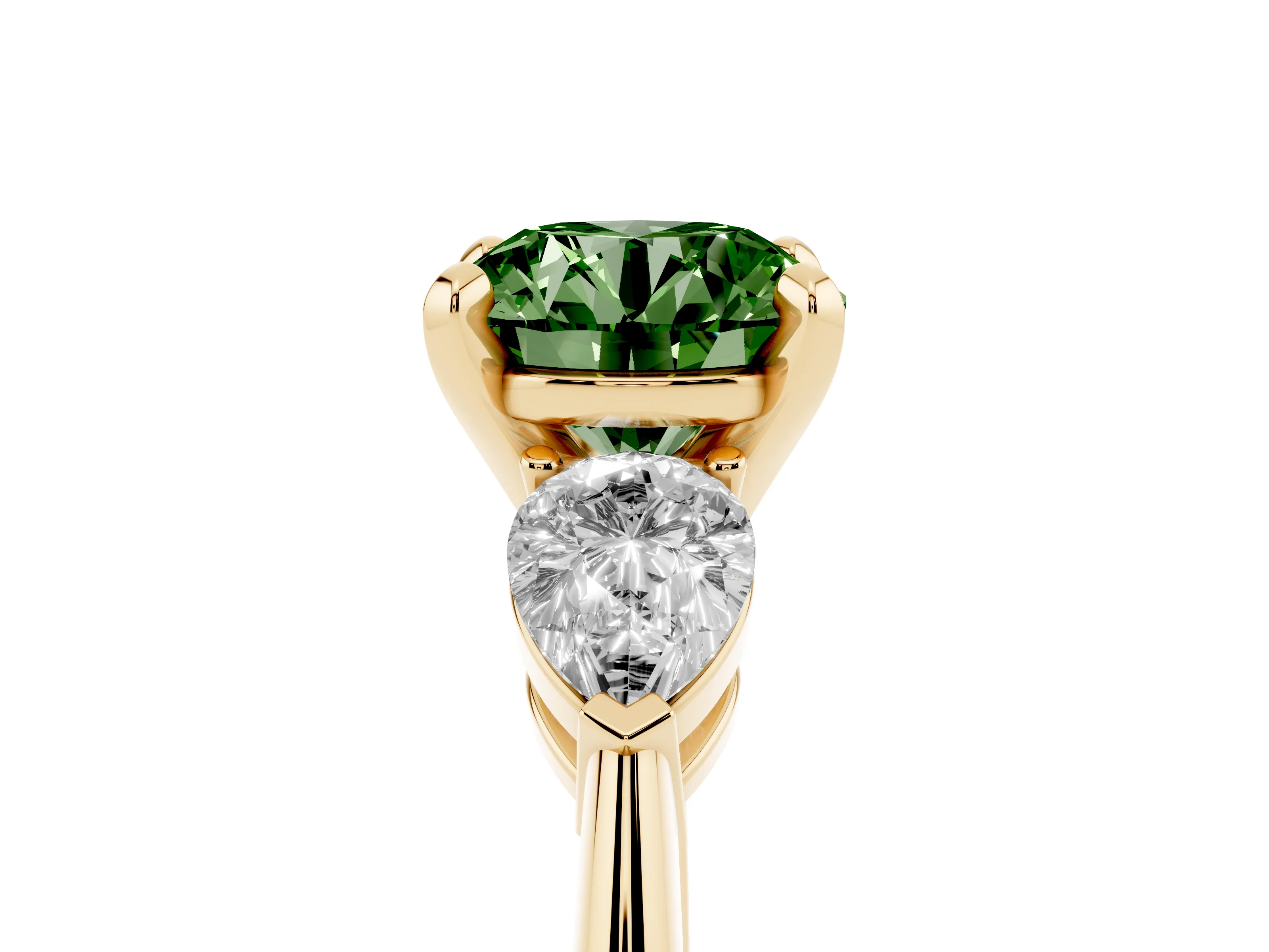 Fancy Green Three-Stone Round Cut Diamond Ring Set in Yellow gold with Pear Side Stones and Prong Setting