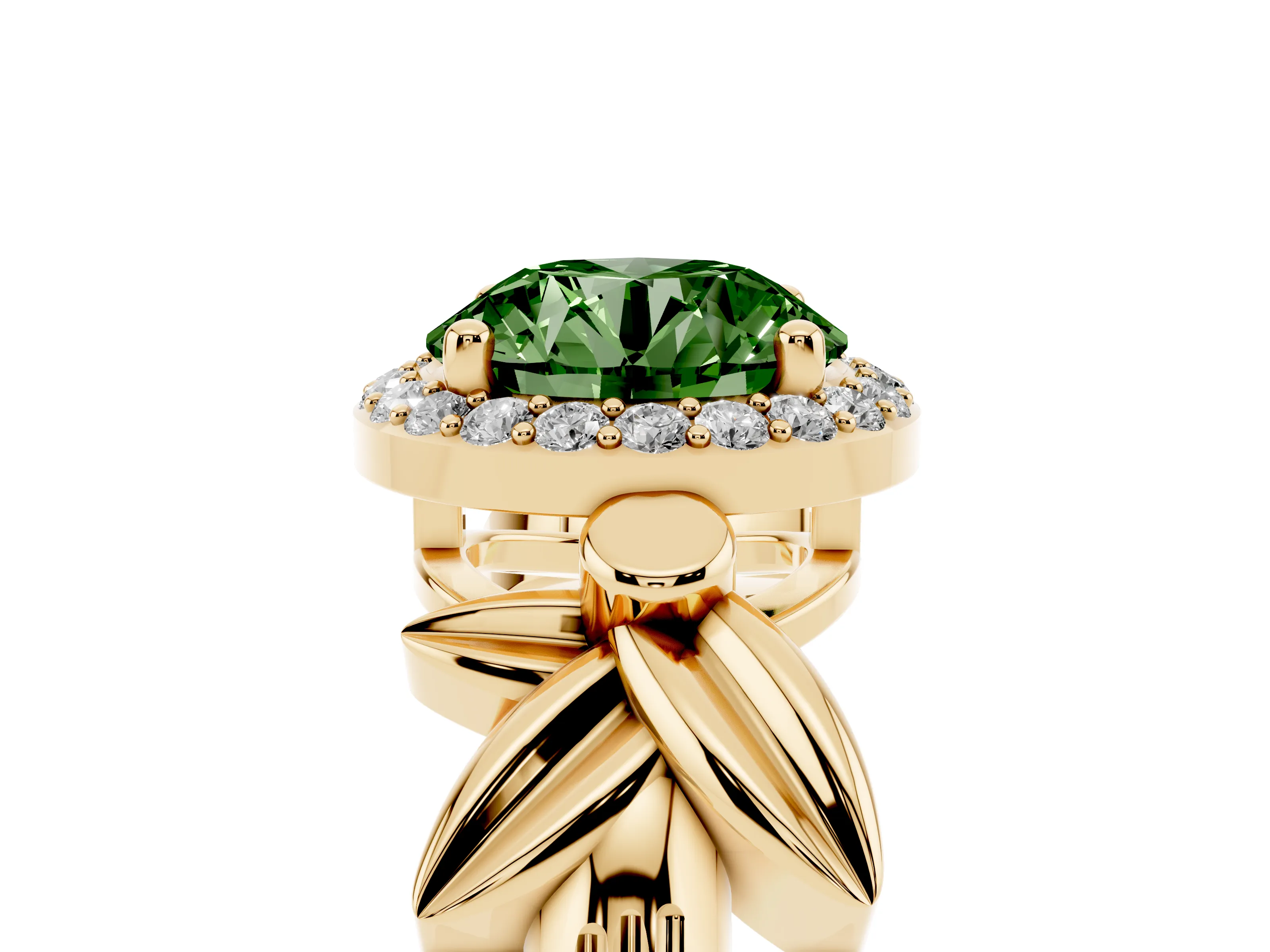 Fancy Green Round Cut Diamond Halo Floral Band Ring Set in Yellow gold with Prong Setting