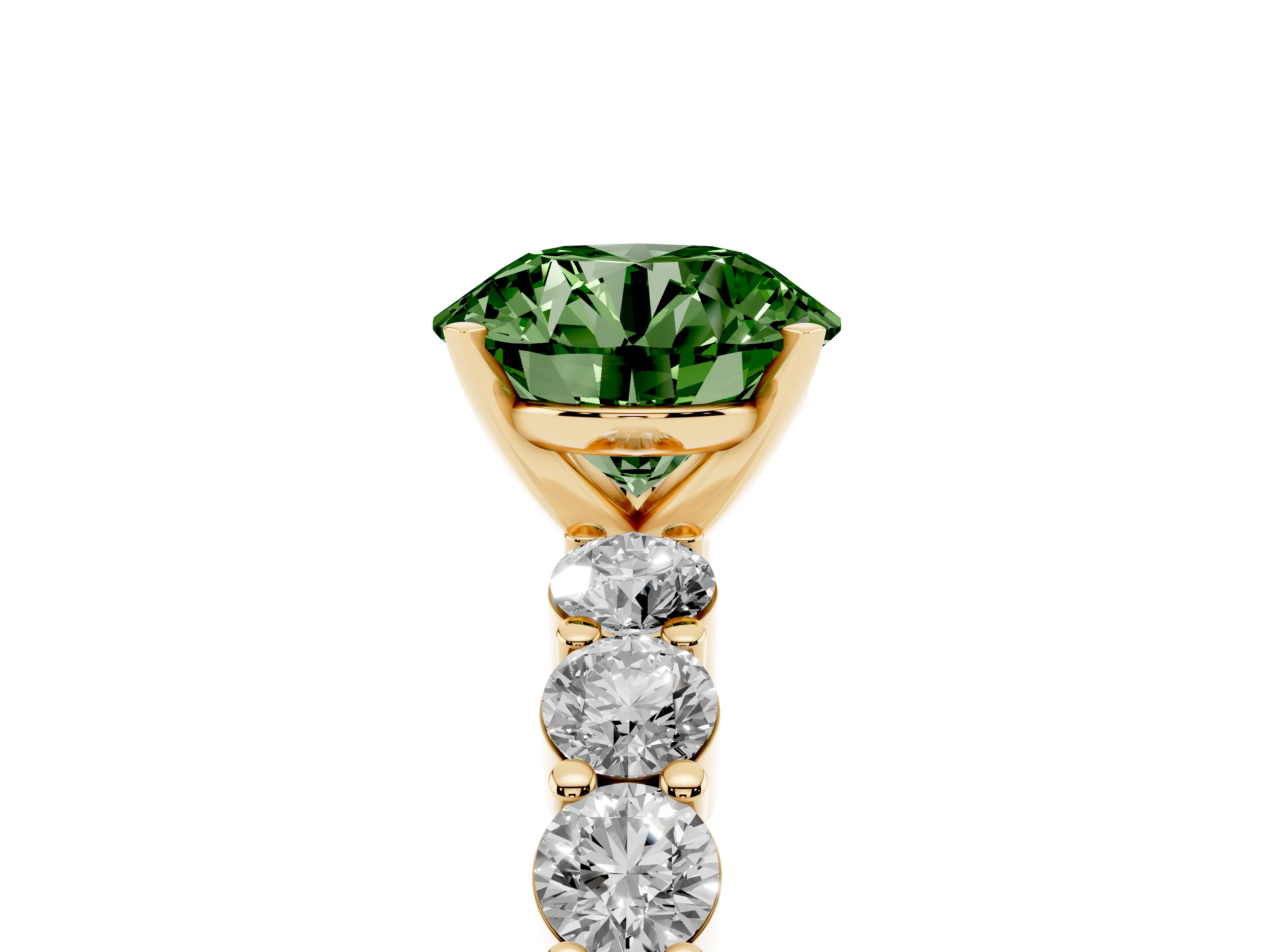 Fancy Green Round Cut Diamond Solitaire Ring Set in Yellow gold with Shared Prong Round Side Stones