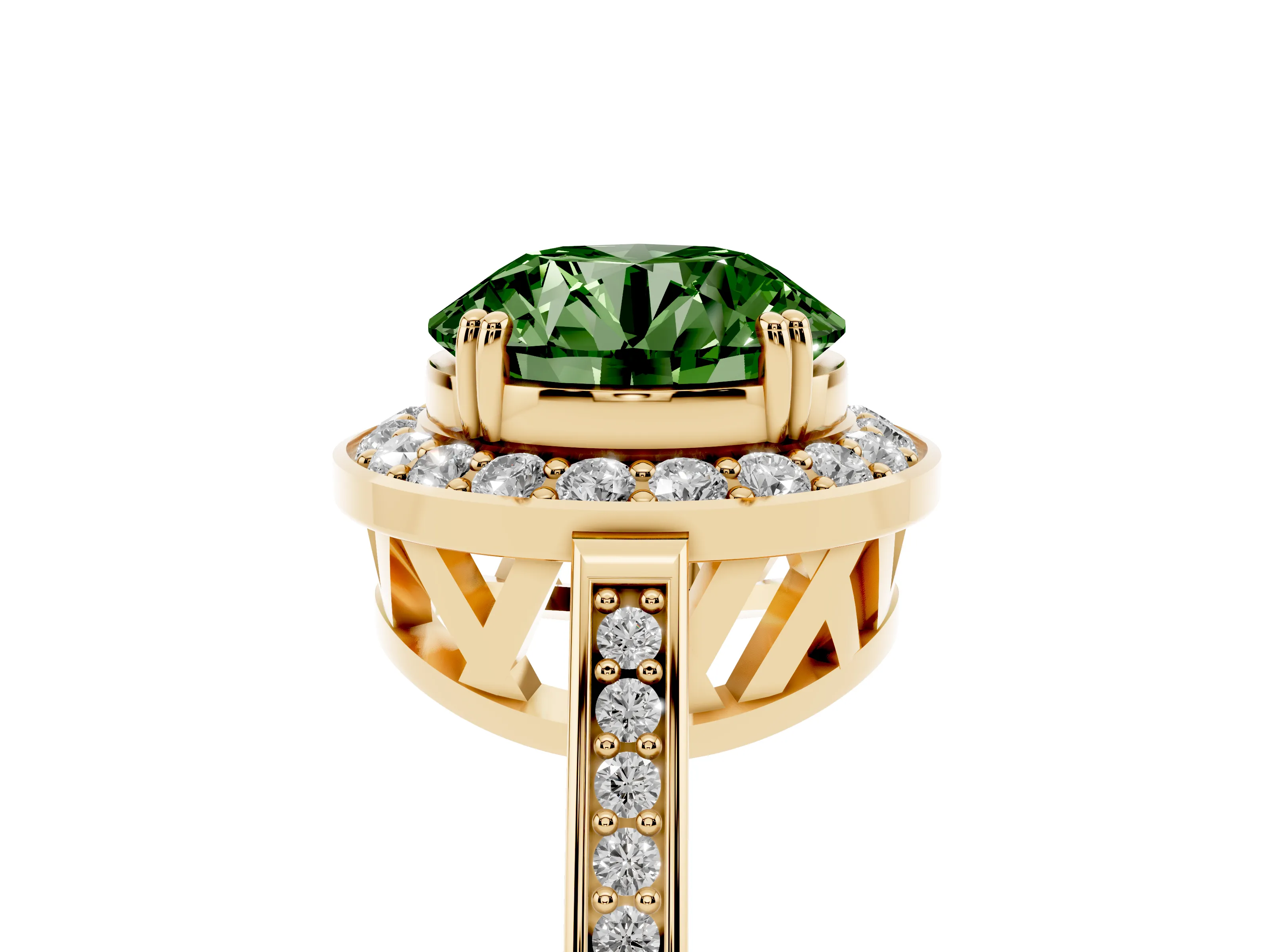 Fancy Green Round Cut Diamond Halo Ring Set in Yellow gold with Accent-Lined Split Shank and Prong Setting