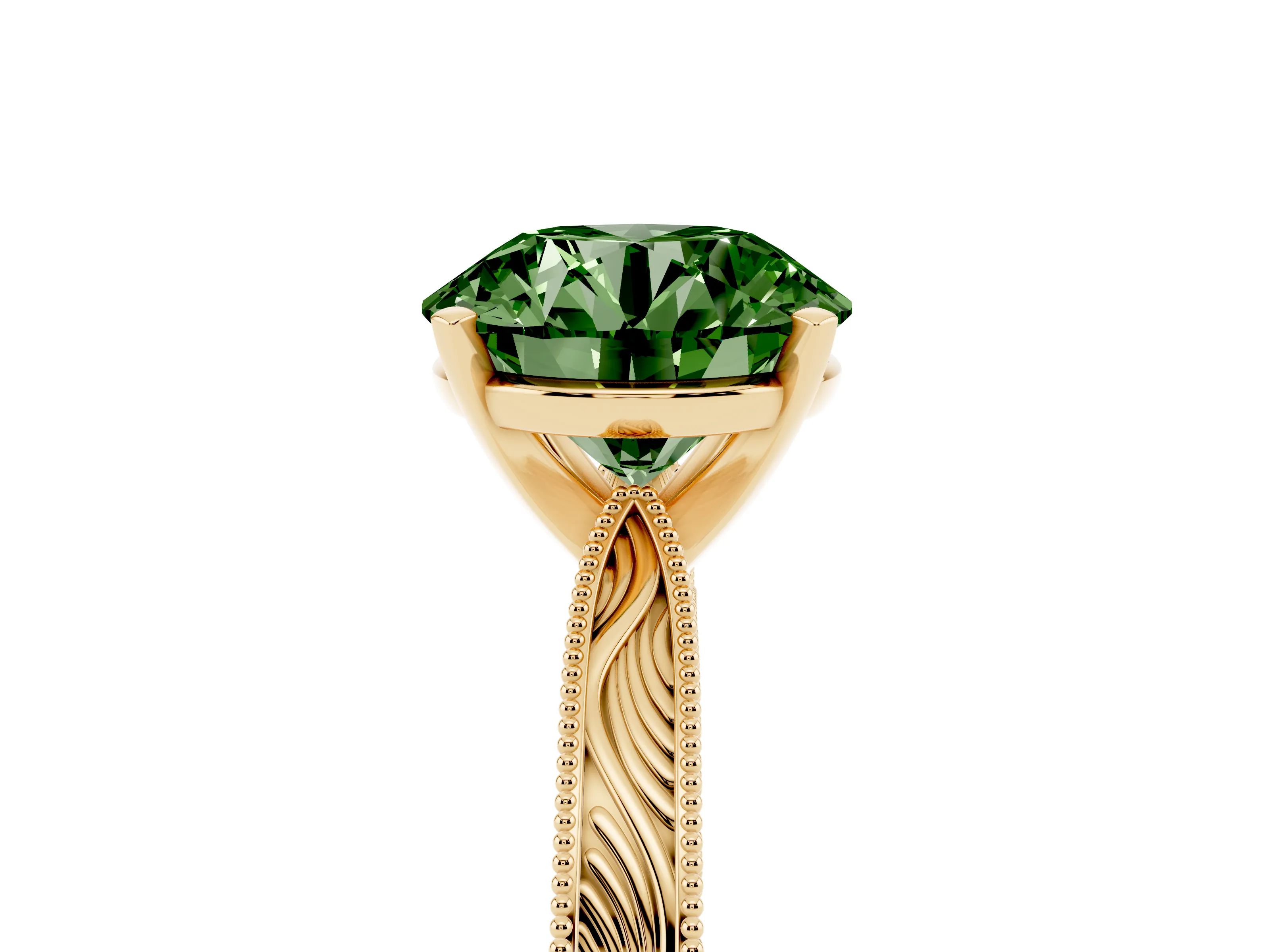 Fancy Green Round Cut Diamond Solitaire Milgrain Engraved Band Set in Yellow gold with Prong Setting