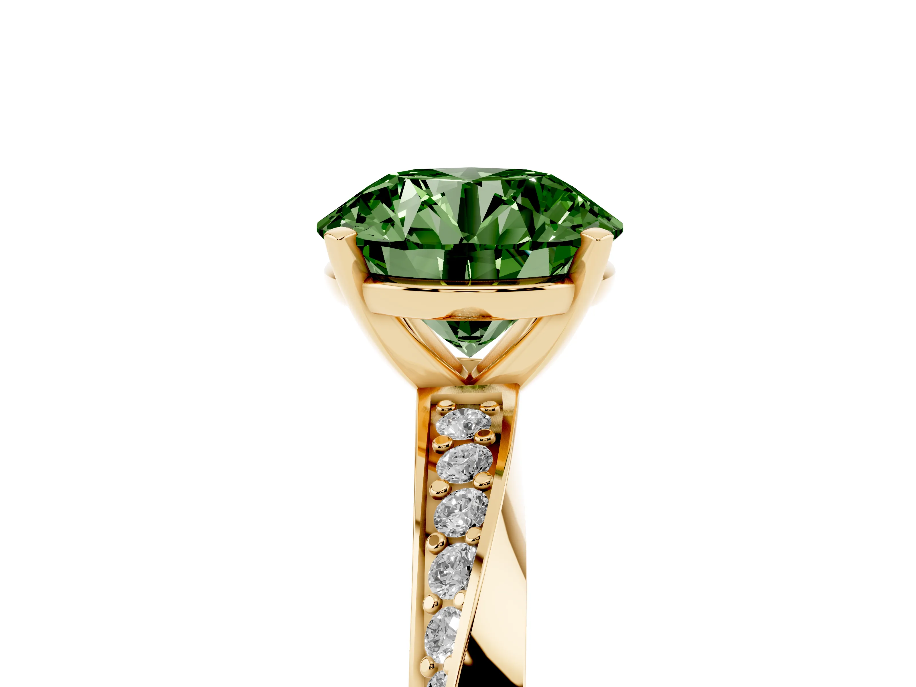 Fancy Green Round Cut Diamond Engagement Ring Set in Yellow gold with Side Stone Accents and Prong Setting