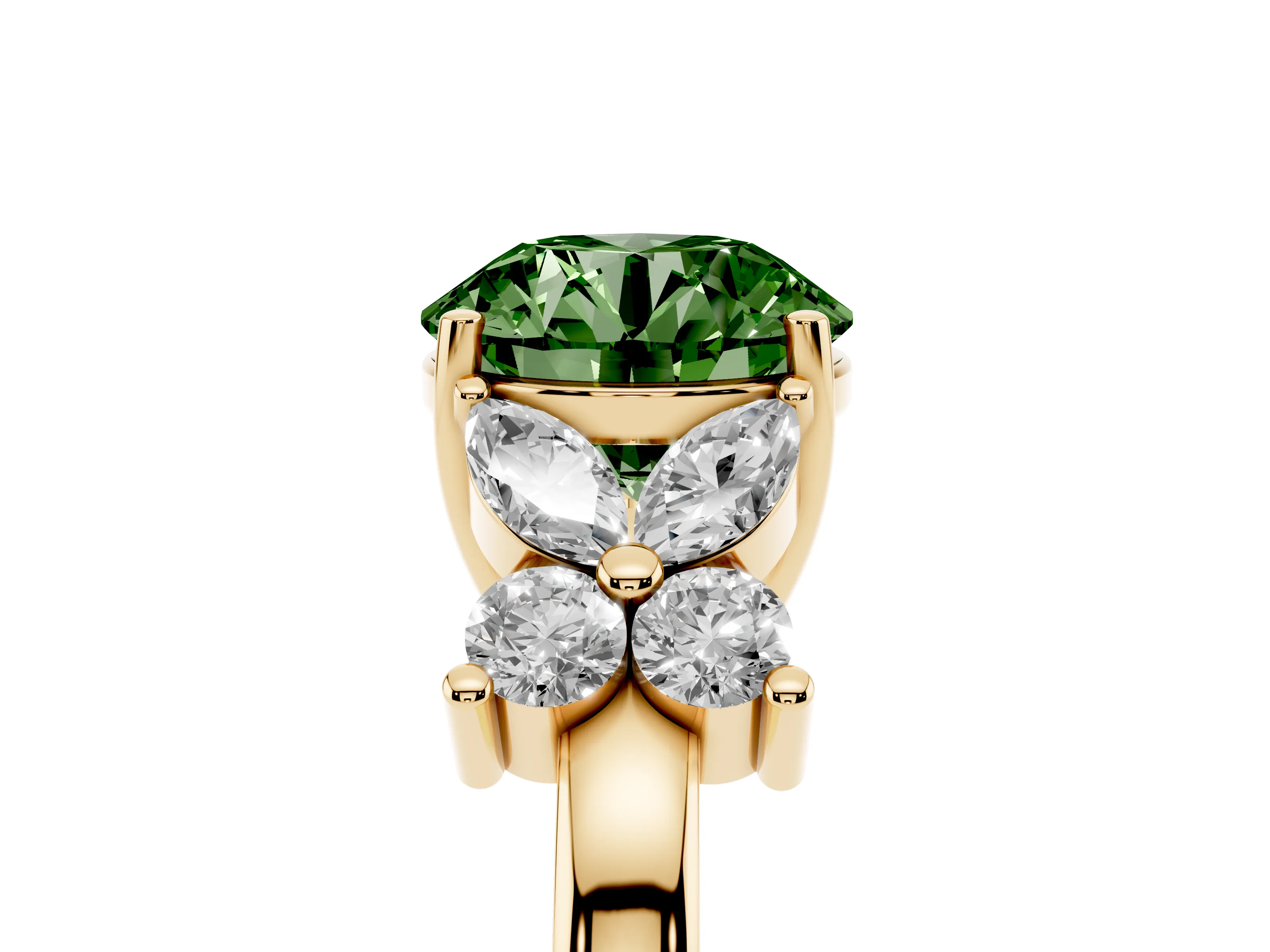 Fancy Green Round Cut Diamond Floral Cluster Ring Set in Yellow gold with Marquise Petals and Prong Setting