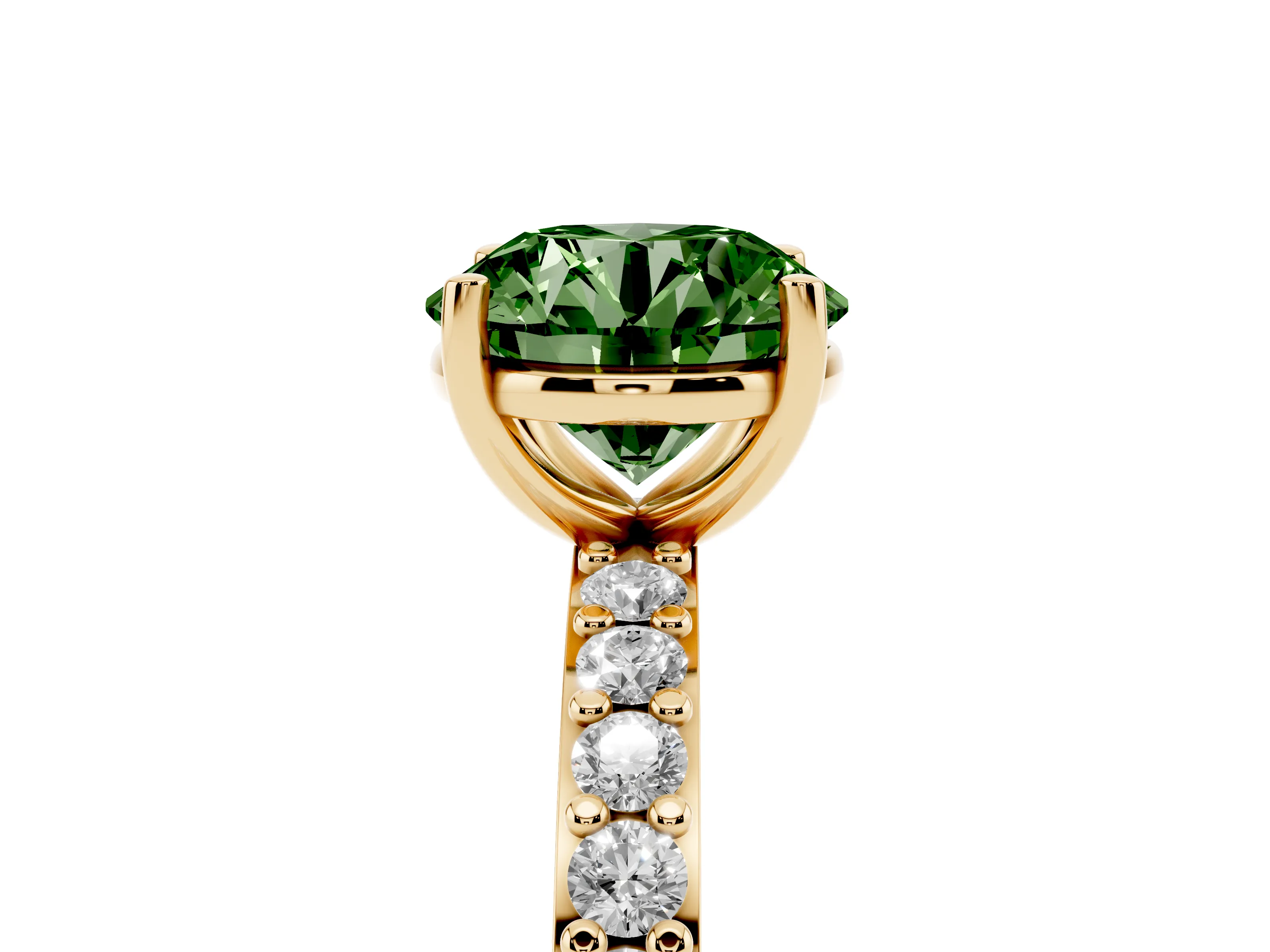Fancy Green Round Cut Diamond Solitaire Set in Yellow gold with Round Pavé Band and Prong Setting