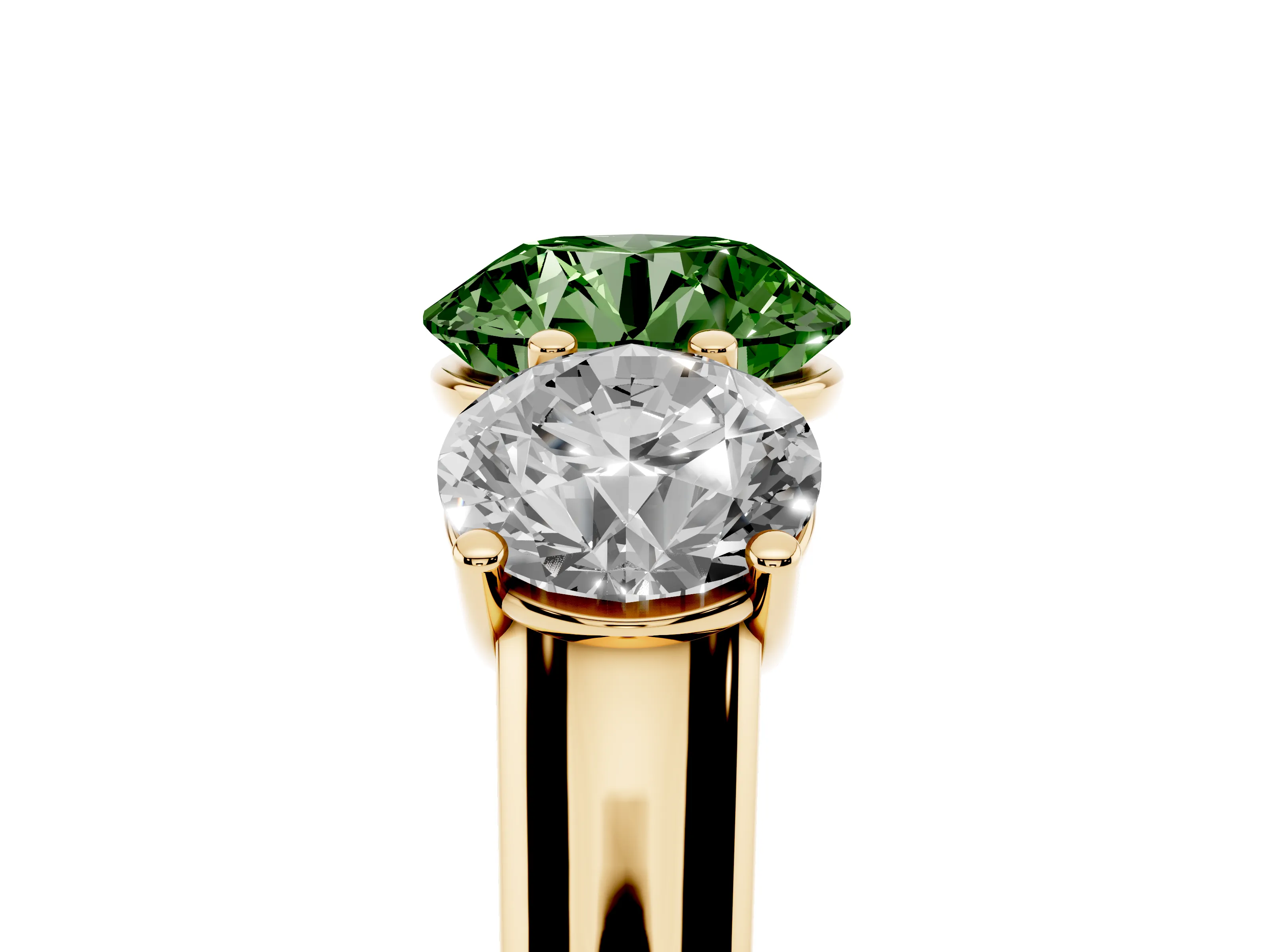 Fancy Green Round Cut Diamond Three-Stone Ring Set in Yellow gold with Plain Polished Band