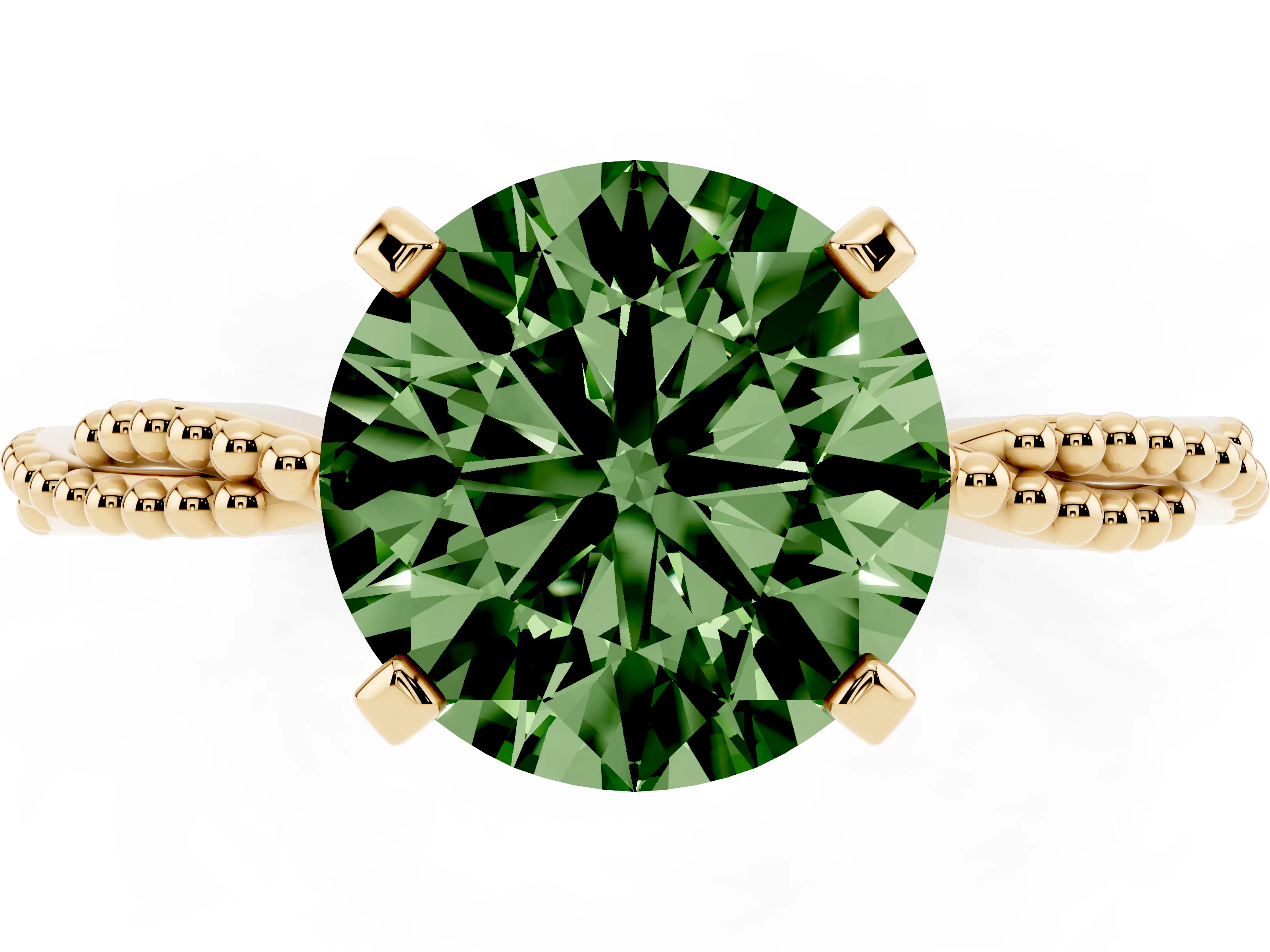 Fancy Green Round Cut Diamond Solitaire Ring Set in Yellow gold with Twisted Band and Bead Prong Setting