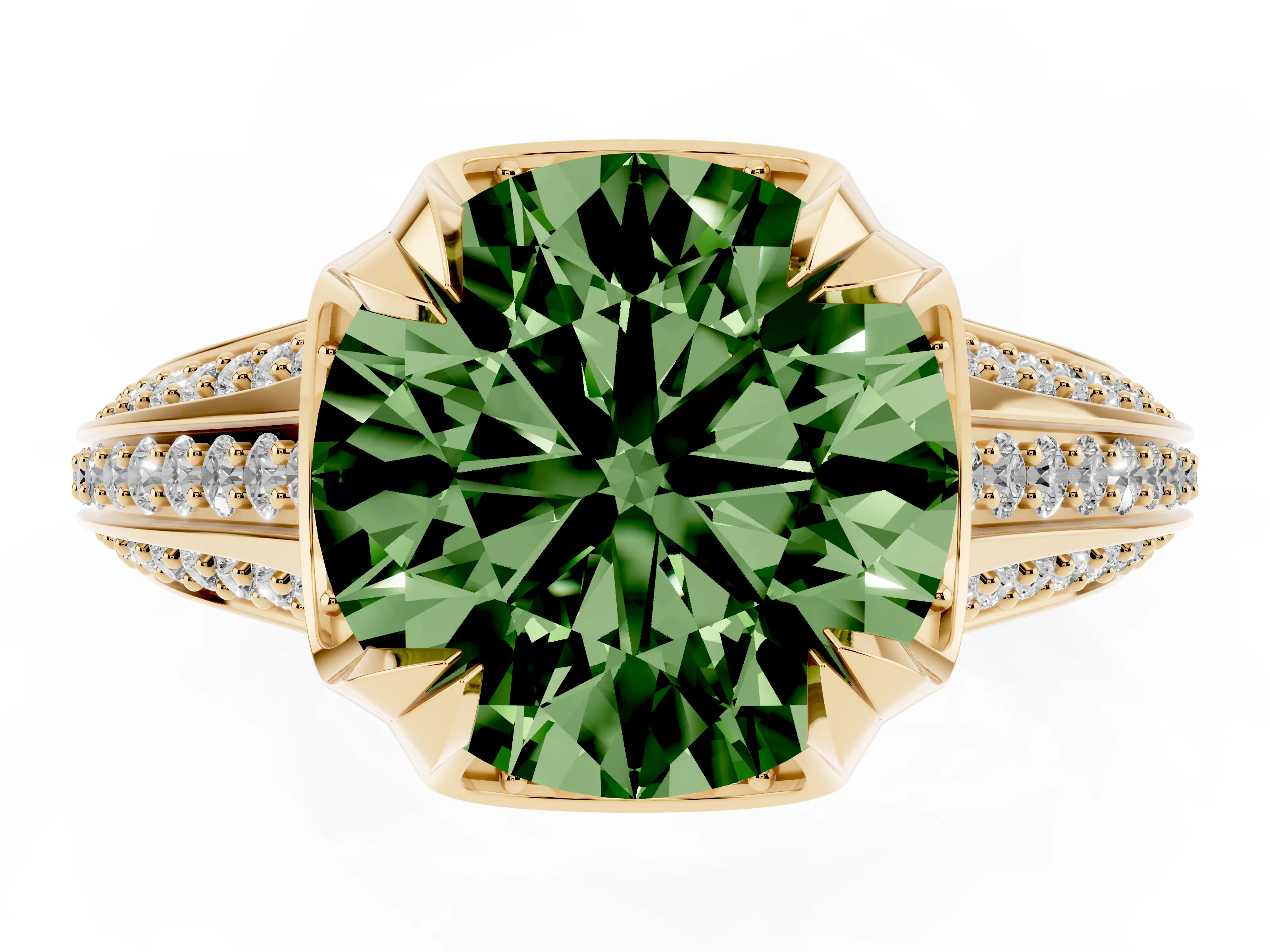 Fancy Green Round Cut Diamond Pavé Split Shank Solitaire Ring Set in Yellow gold with Prong Setting