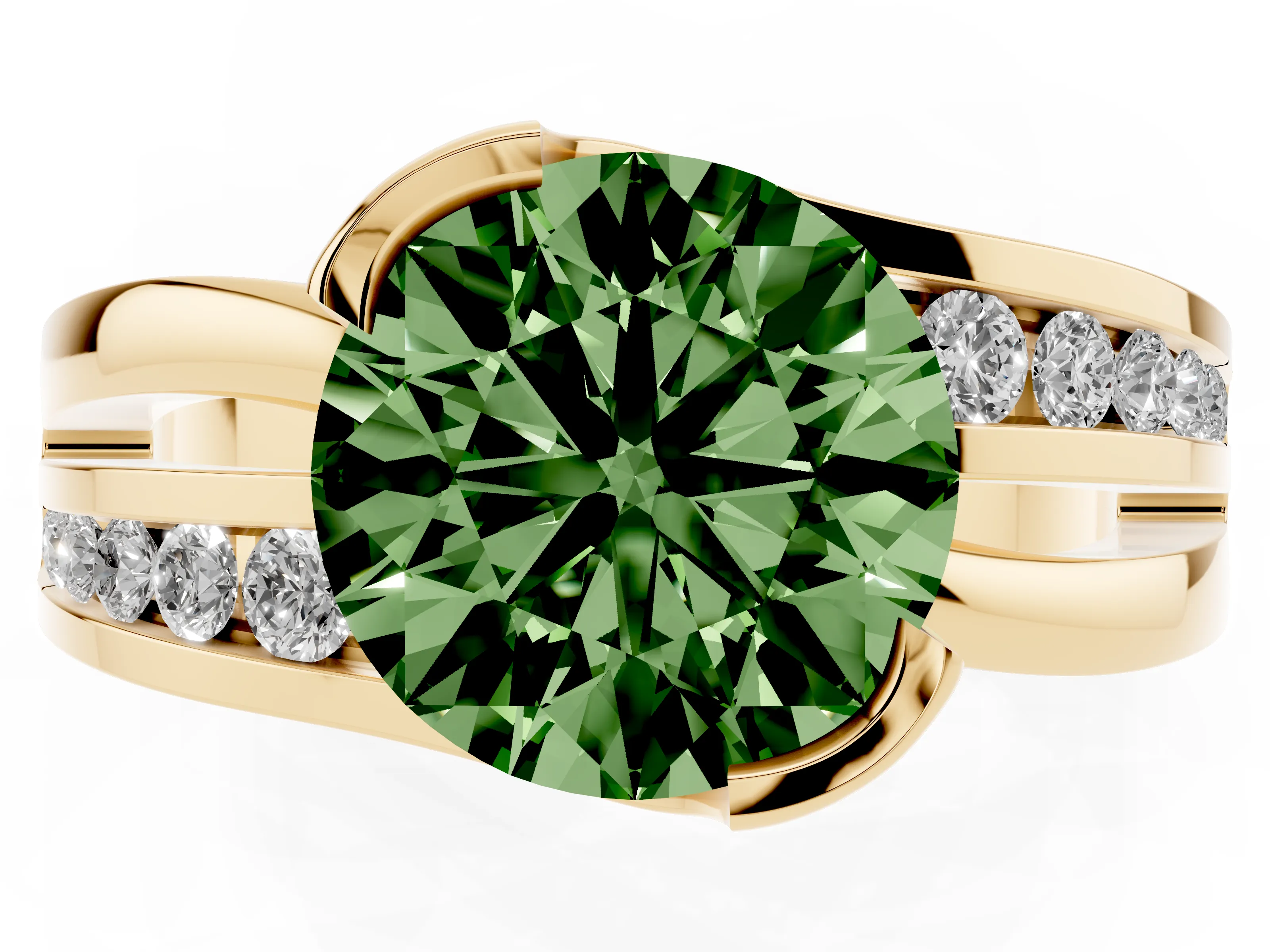 Fancy Green Round Cut Diamond Solitaire Ring Set in Yellow gold with Channel Set Split Shank and Tension Prongs