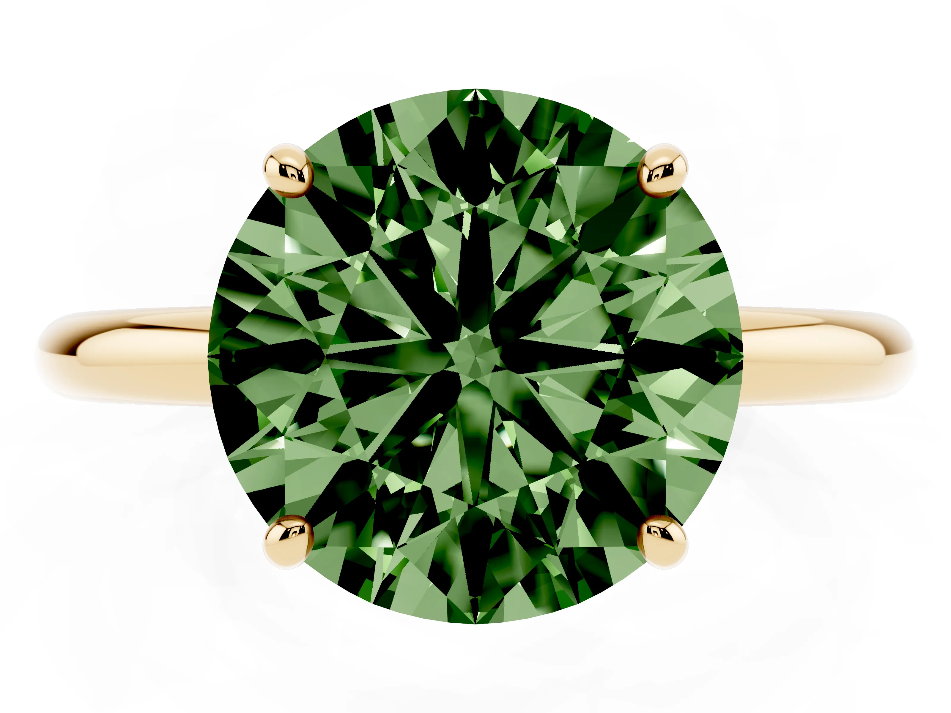 Fancy Green Round Cut Diamond Solitaire Ring Set in Yellow gold with Prong Setting on a Polished Plain Band