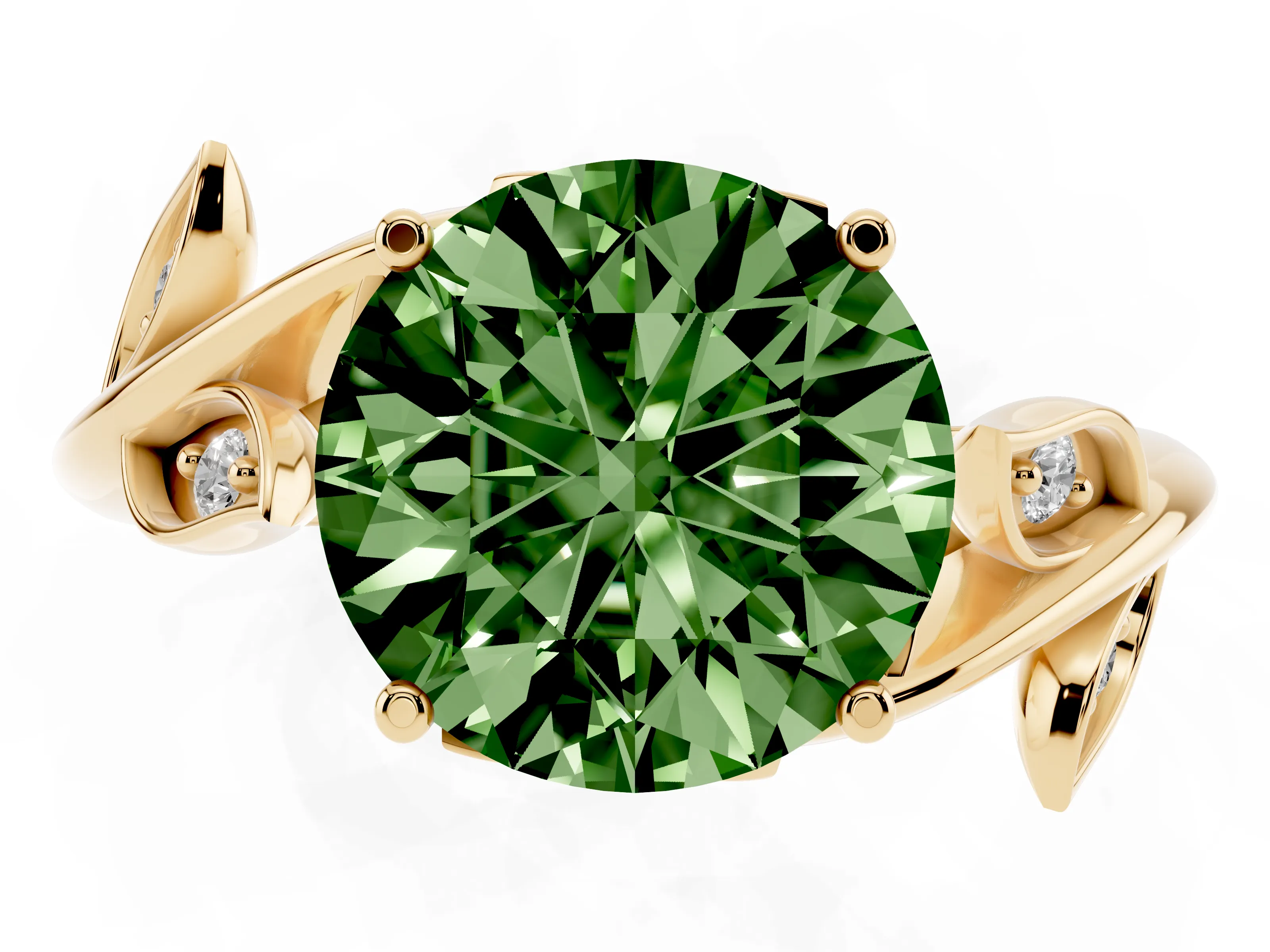 Fancy Green Round Cut Diamond Solitaire Twist Engagement Ring Set in Yellow gold with Pavé Leaf Accents