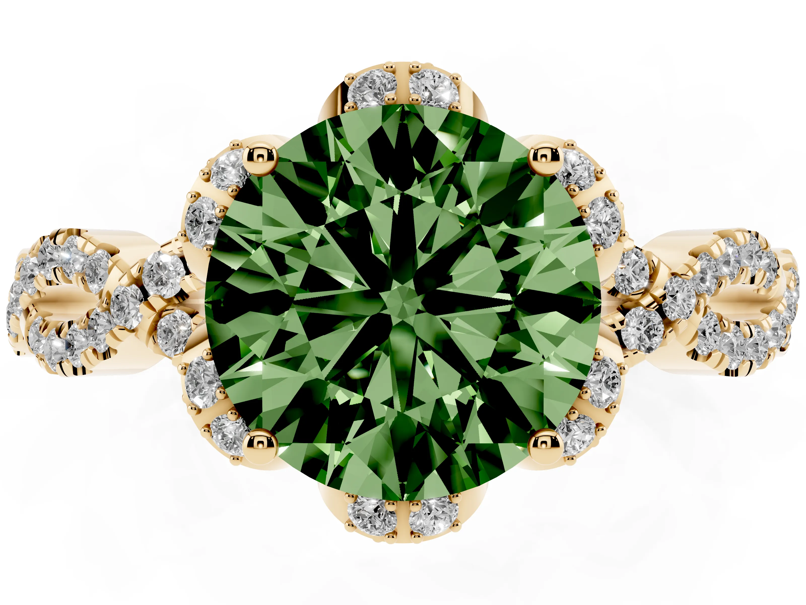 Fancy Green Round Cut Diamond Halo Twist Band Solitaire Ring Set in Yellow gold with Prong-Set Center Stone