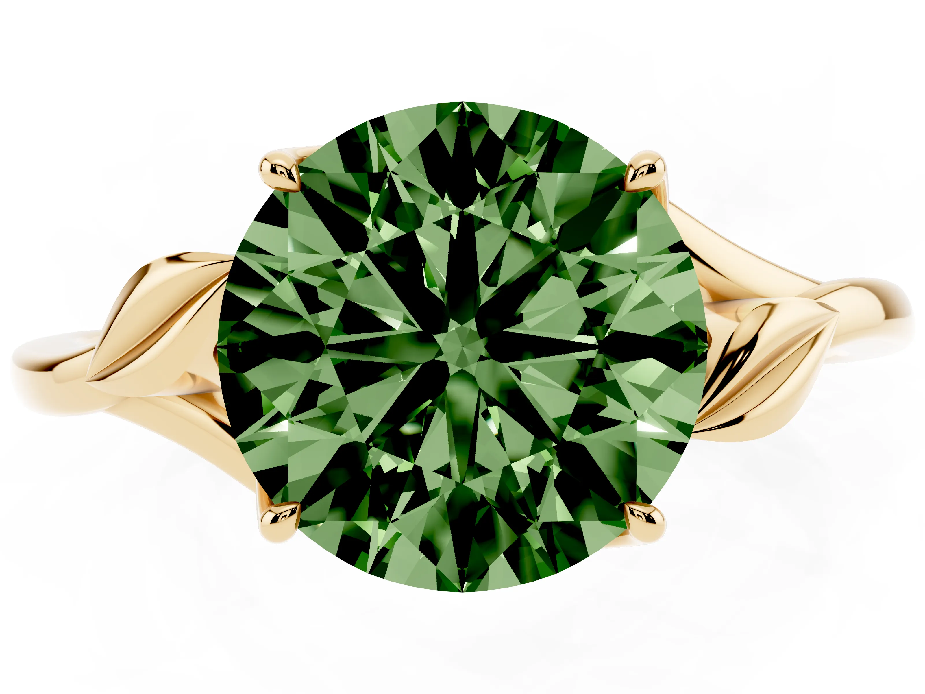 Fancy Green Round Cut Diamond Solitaire Ring Set in Yellow gold with Polished Twist Band