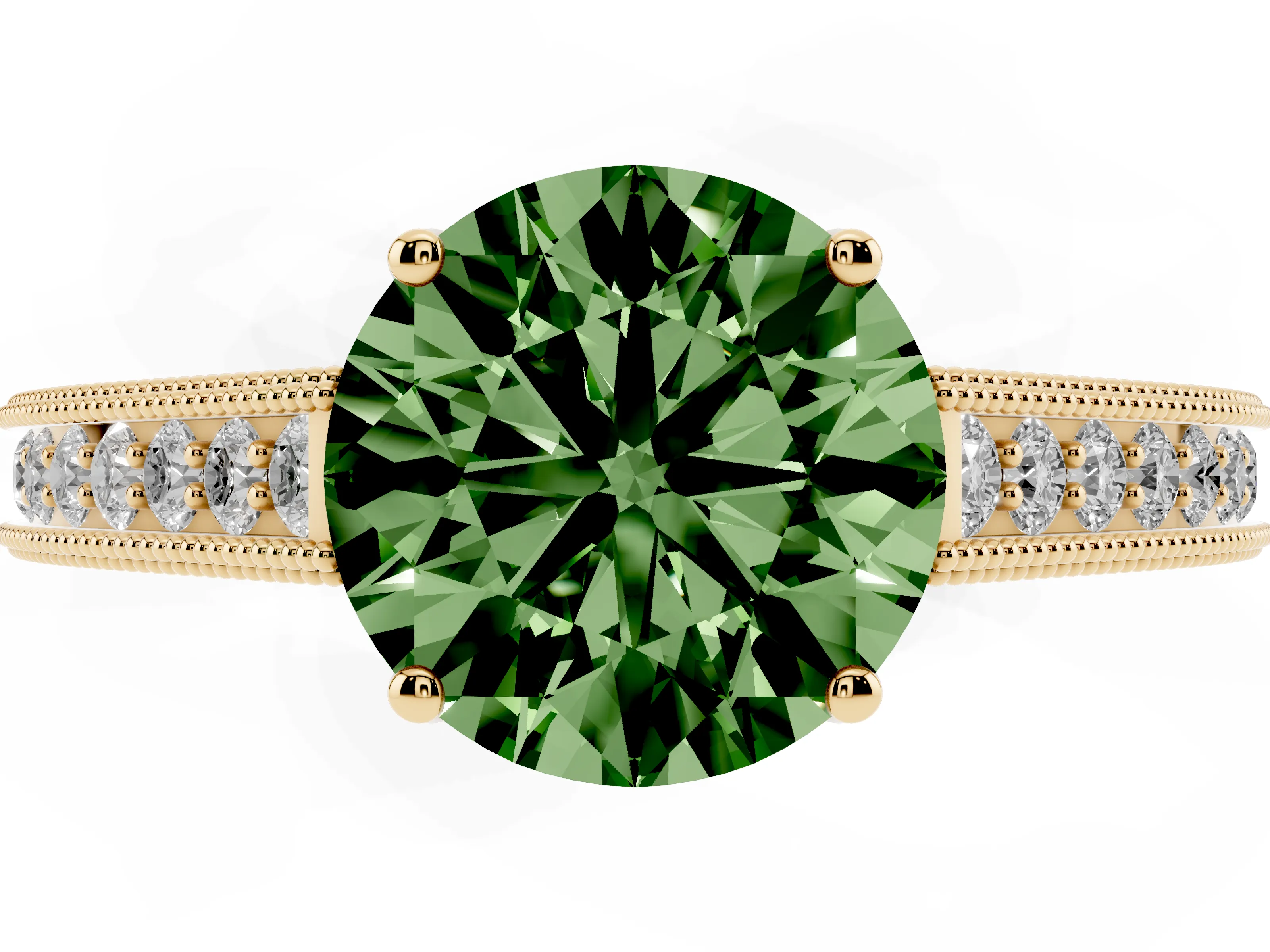 Fancy Green Round Cut Diamond Milgrain Pavé Band Solitaire Ring Set in Yellow gold with Prong Setting