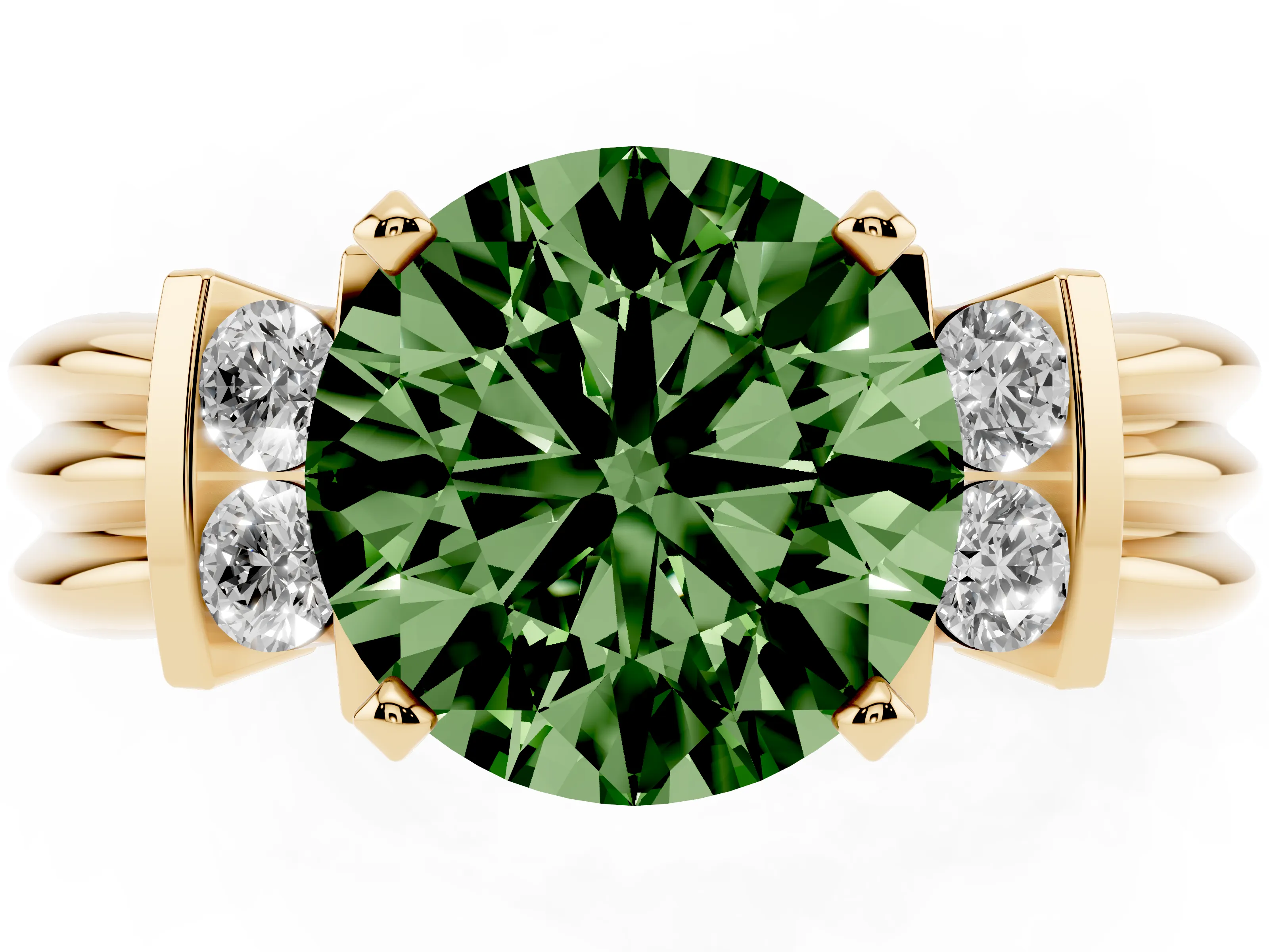 Fancy Green Three-Stone Round Cut Diamond Channel Set Ring Set in Yellow gold with Bar Prongs