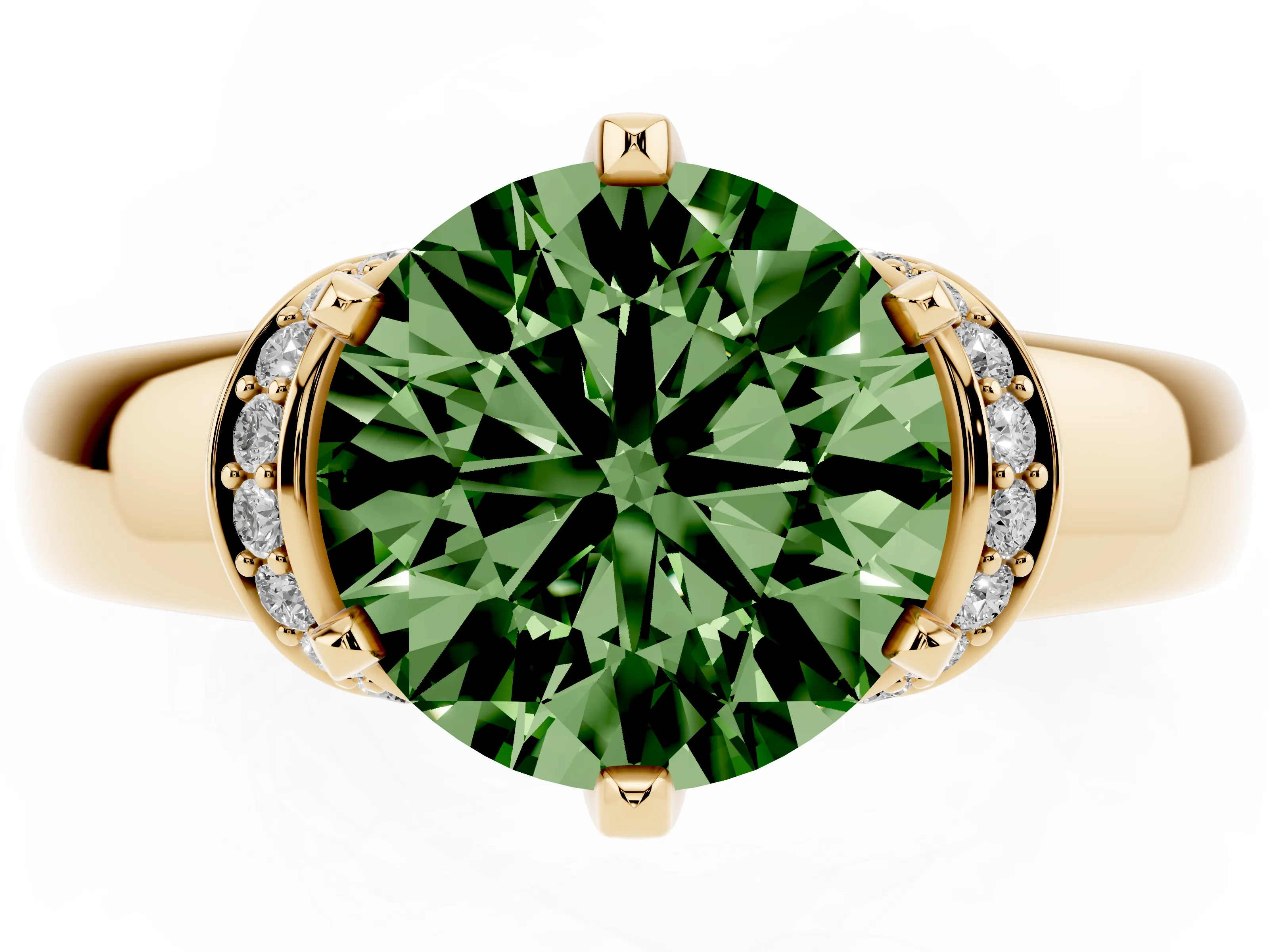 Fancy Green Round Cut Diamond Pavé Band Solitaire Ring Set in Yellow gold with Prong Setting