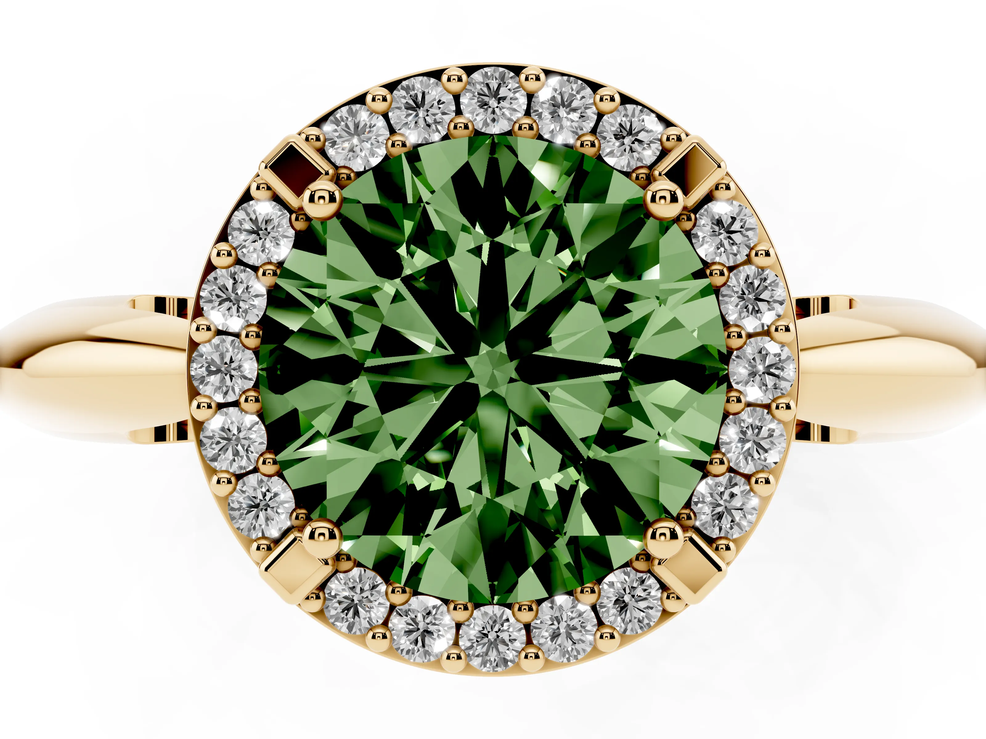 Fancy Green Round Cut Diamond Halo Engagement Ring Set in Yellow gold with Plain Split Shank and Prong Setting