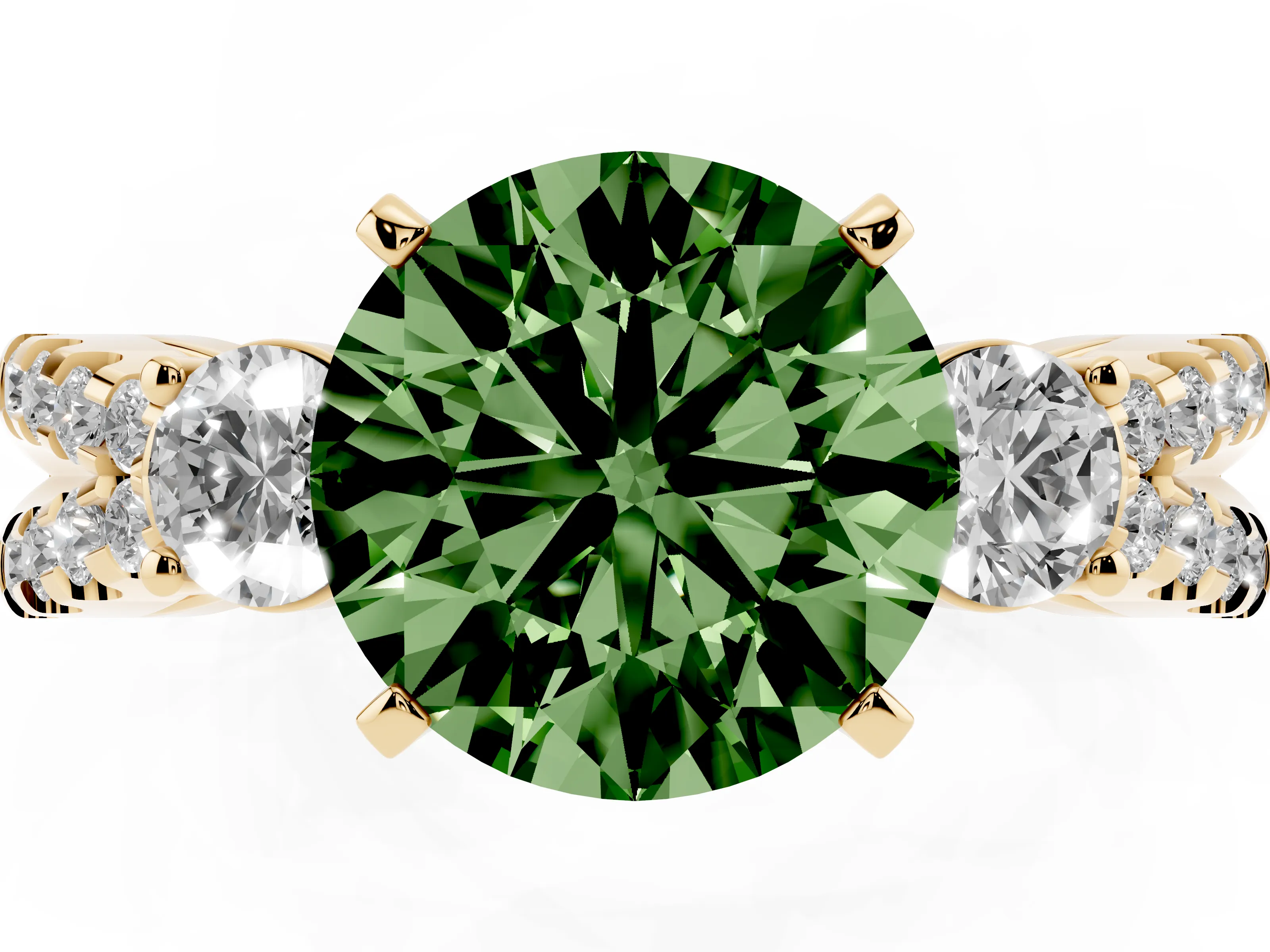 Fancy Green Round Cut Diamond Three-Stone Ring Set in Yellow gold with Pavé Split Shank and Prong Setting