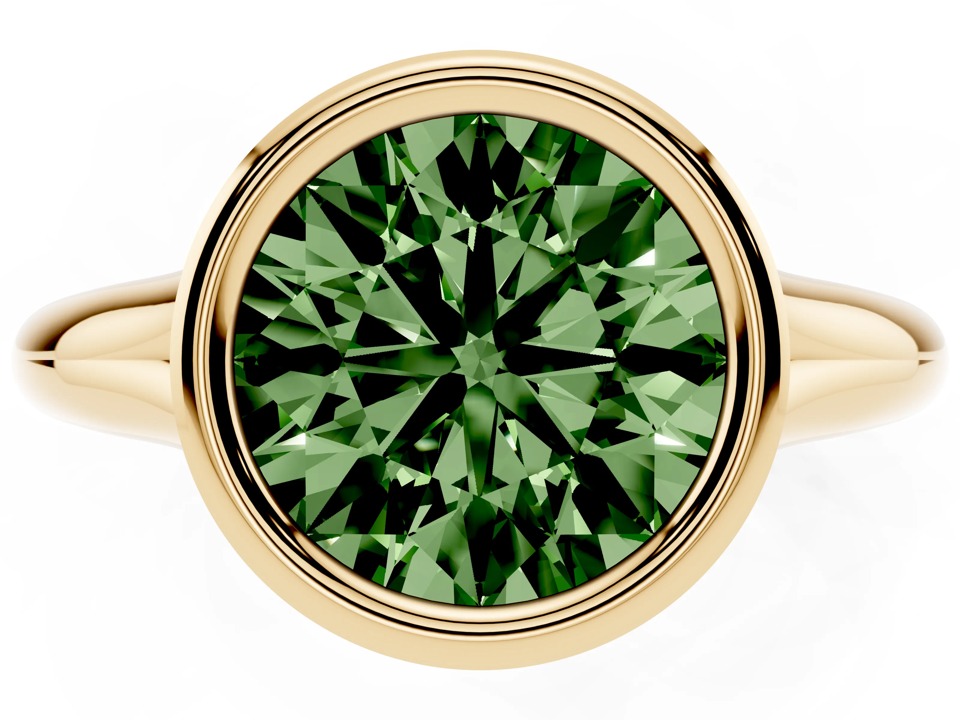 Fancy Green Bezel Set Round Cut Diamond Solitaire Ring Set in Yellow gold with Smooth Band