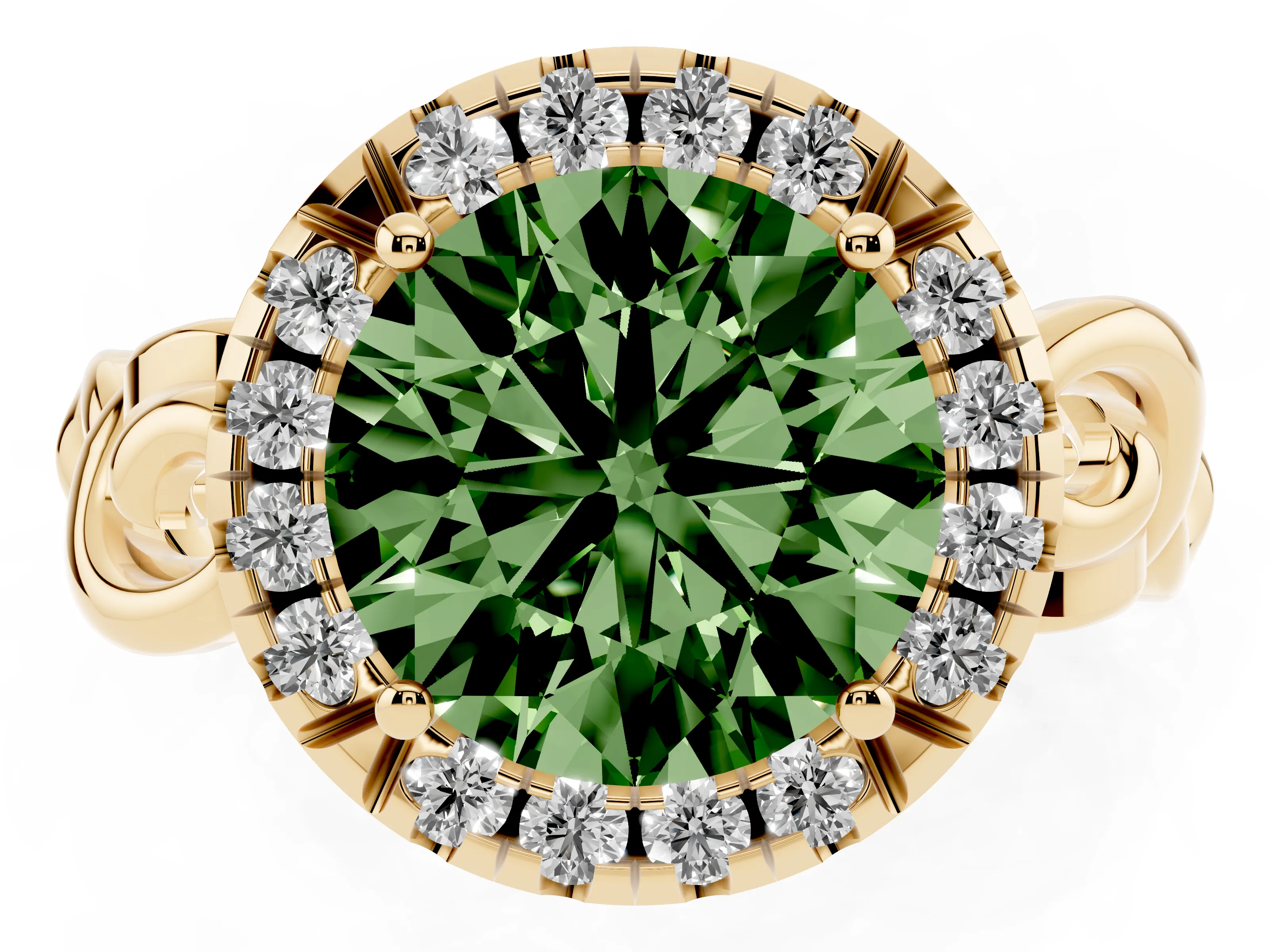 Fancy Green Round Cut Diamond Halo Ring Set in Yellow gold with Scrollwork Band and Prong Setting